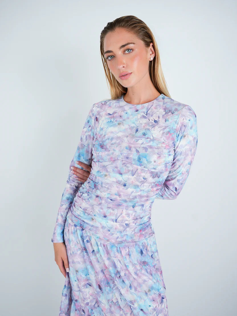 mesh floral ruched midi dress Black Floral Mesh Ruched Long Sleeve Midi Dress