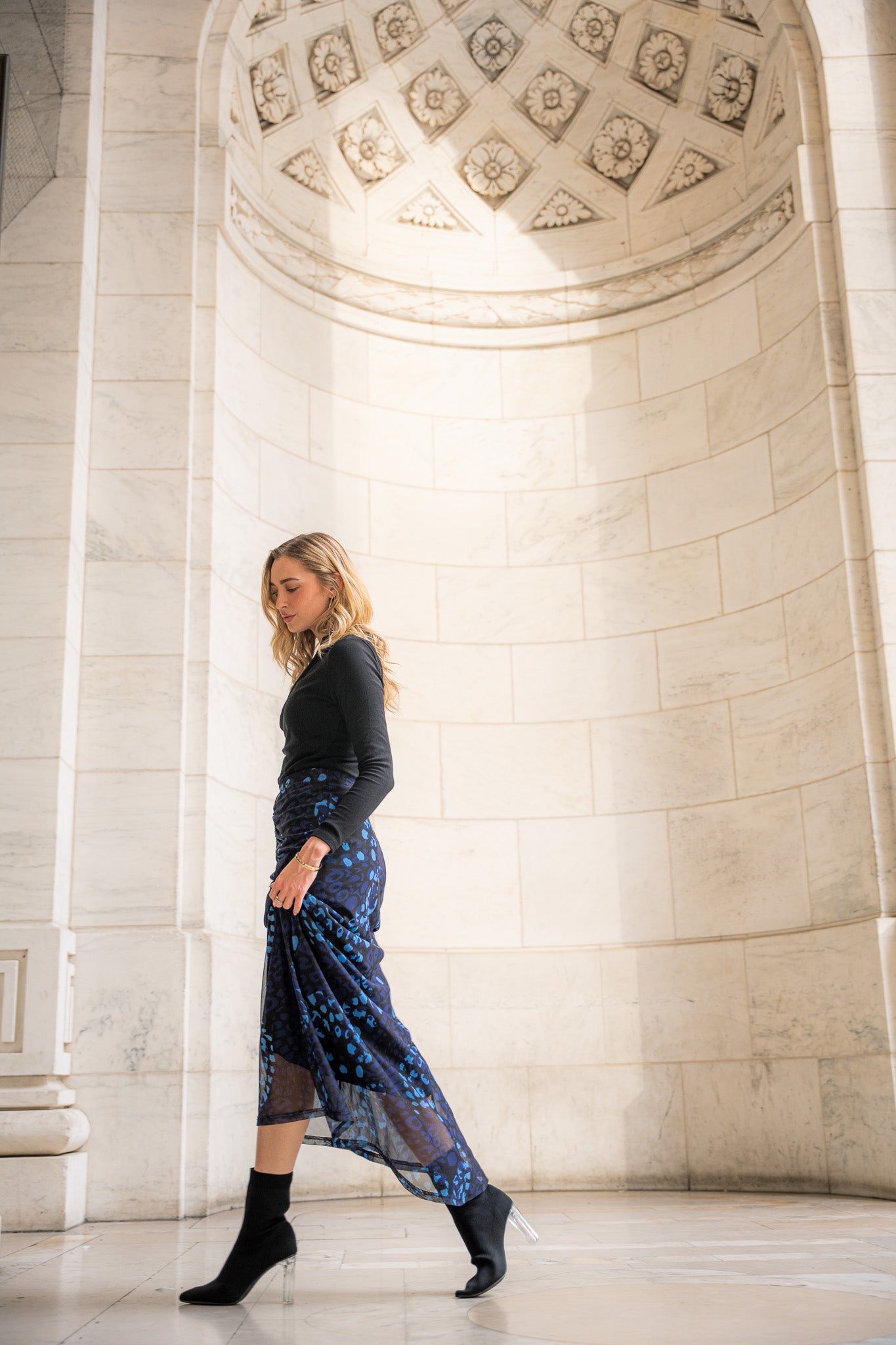Ruched Front Skirt- Cobalt Leopard Mesh- FINAL SALE