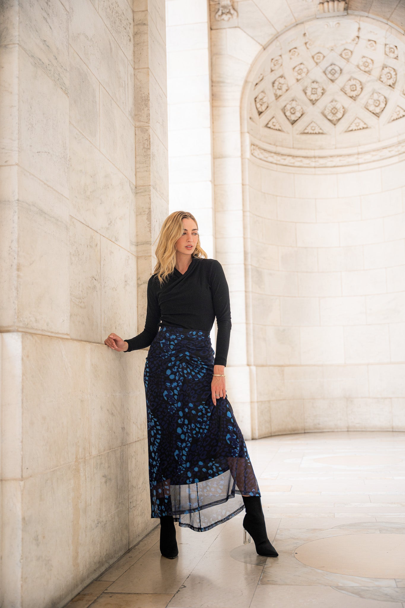 Ruched Front Skirt- Cobalt Leopard Mesh- FINAL SALE