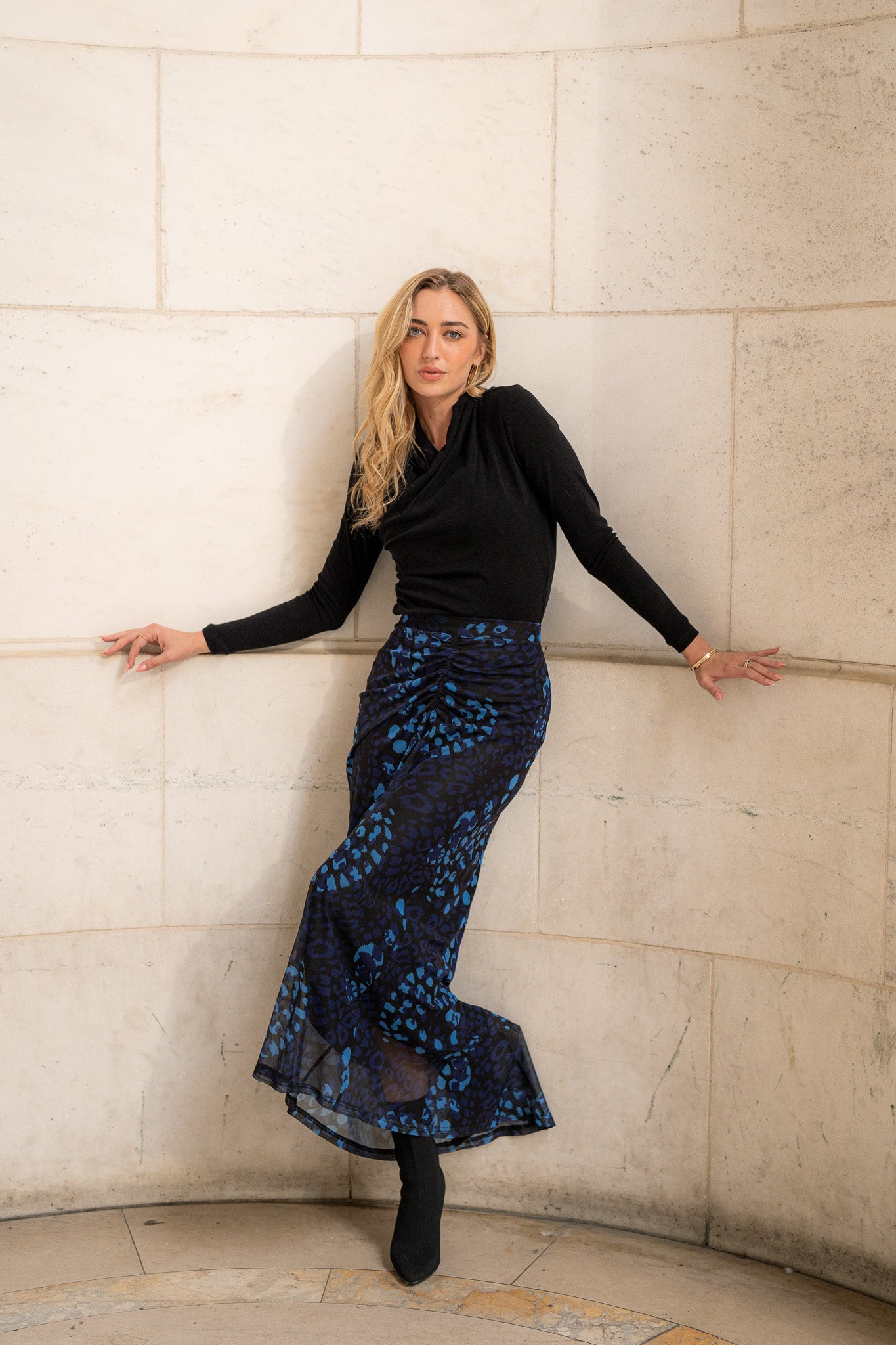 Ruched Front Skirt- Cobalt Leopard Mesh- FINAL SALE