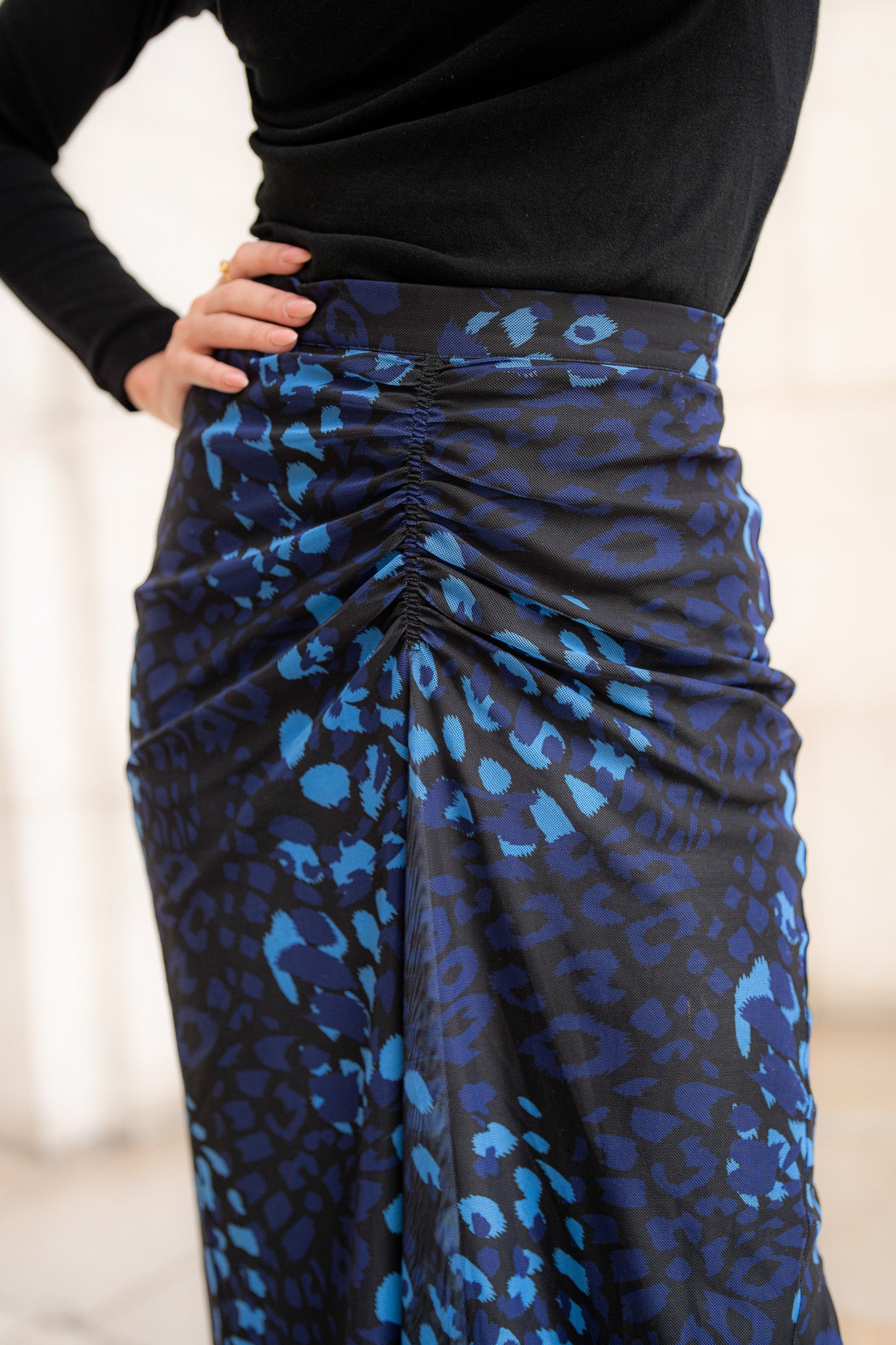 Ruched Front Skirt- Cobalt Leopard Mesh- FINAL SALE