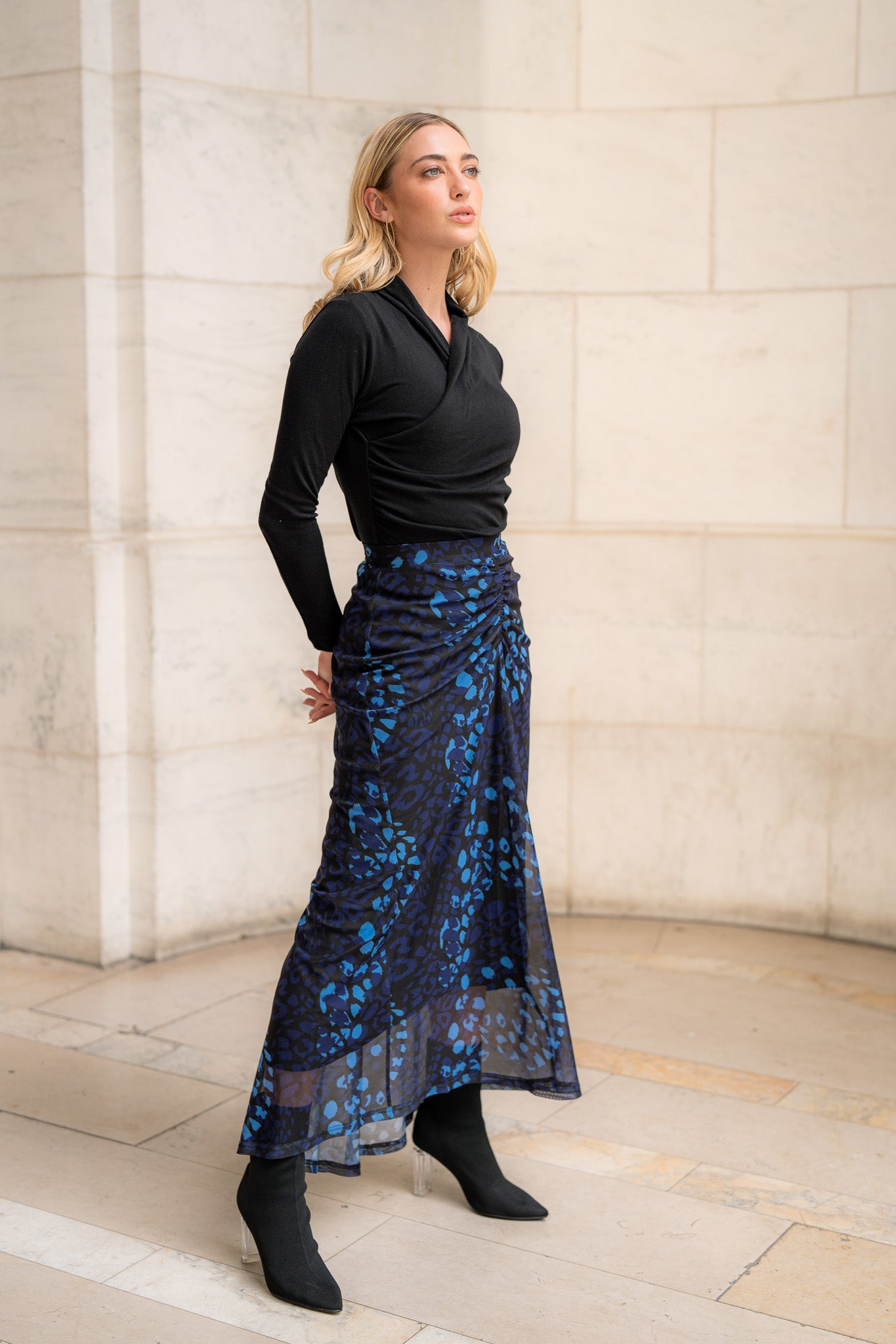 Ruched Front Skirt- Cobalt Leopard Mesh- FINAL SALE