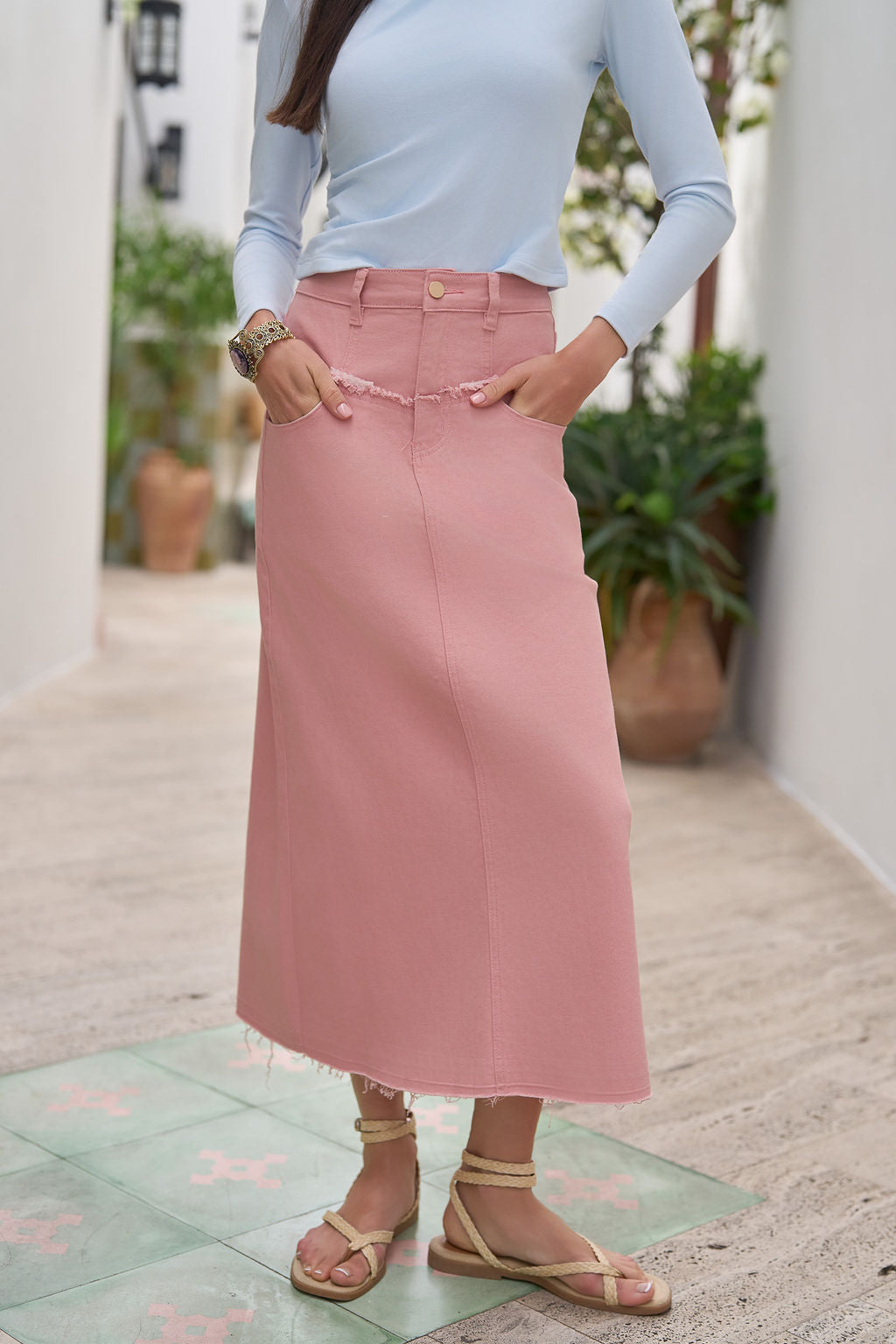 Fray Detail Denim Skirt- Peachy Pink- FINAL SALE