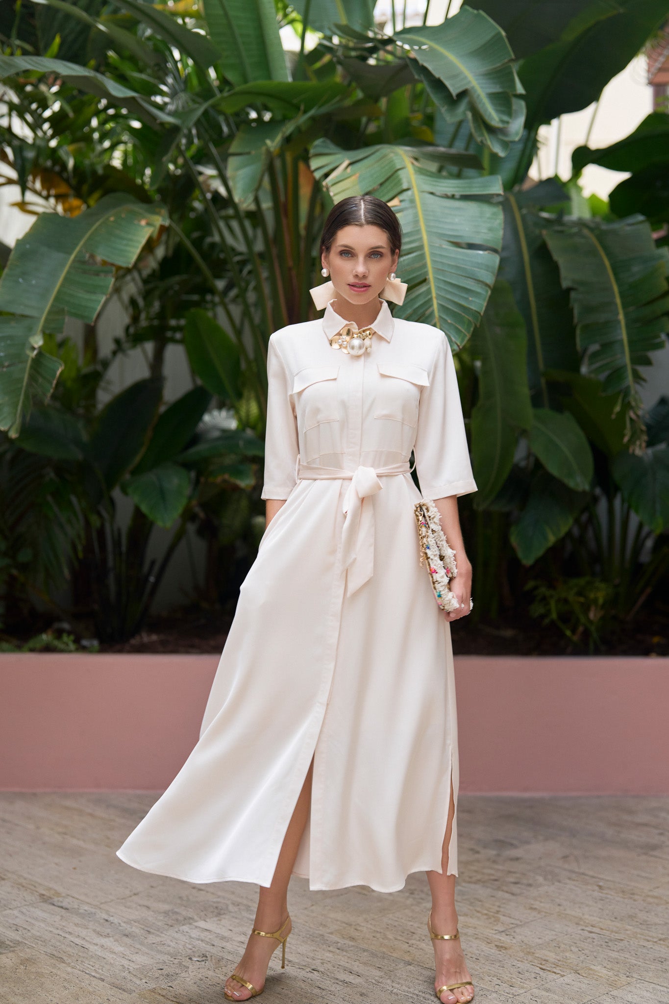 Satin Pocket Belted Dress- Cream