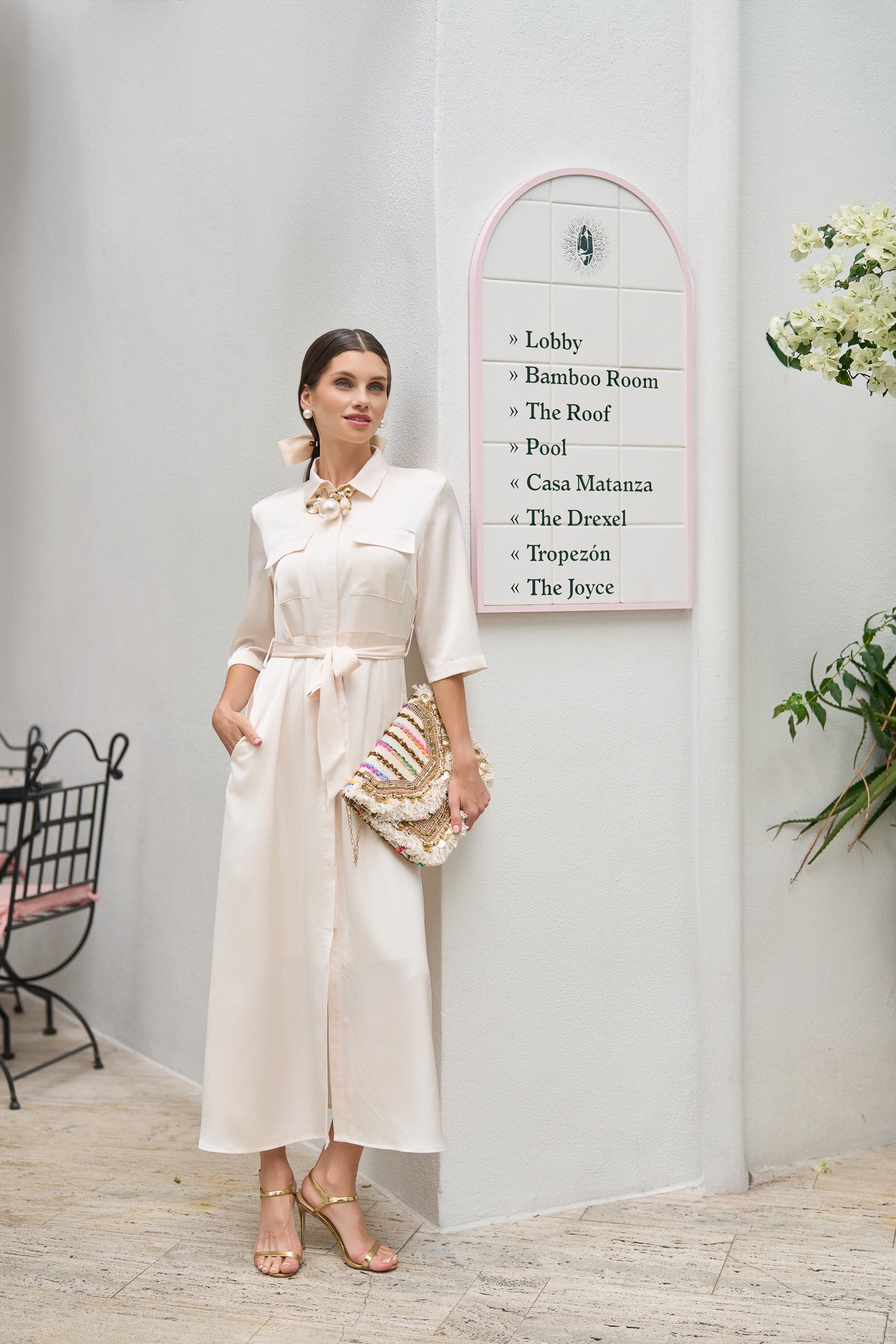 Satin Pocket Belted Dress- Cream- FINAL SALE