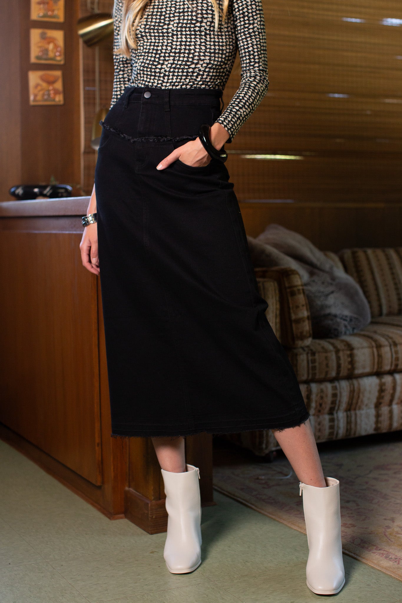 Fray Detail Denim Skirt- Black- FINAL SALE