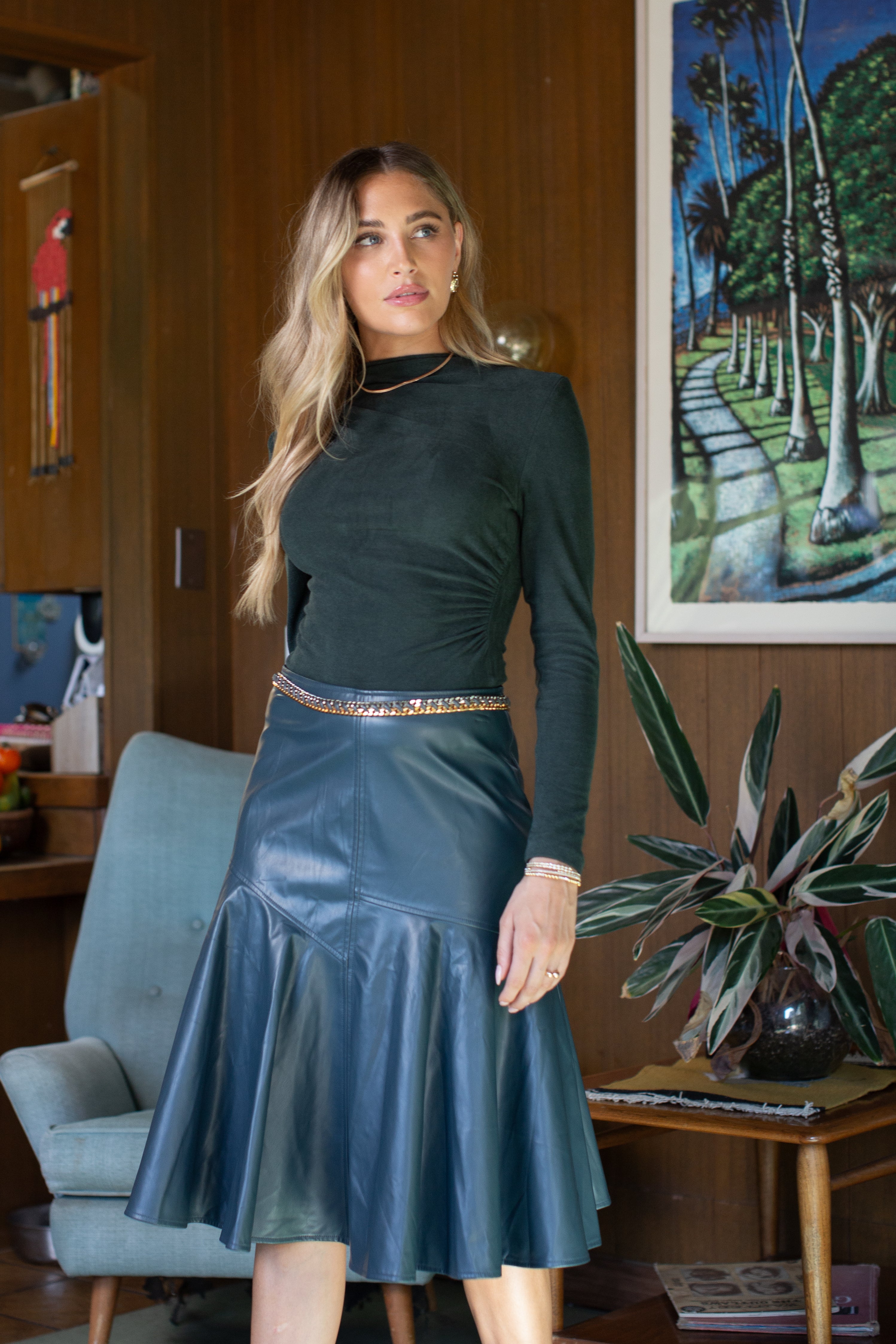 Drop Hem Leather Skirt- Deep Teal- FINAL SALE