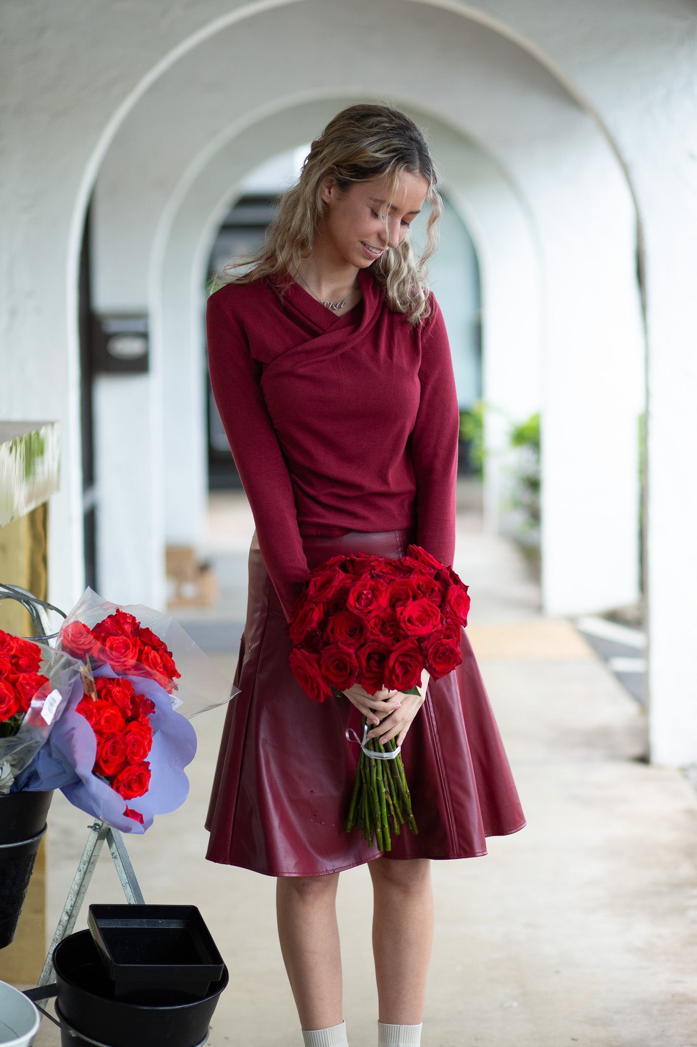 Drop Hem Leather Skirt- Cherry Lacquer