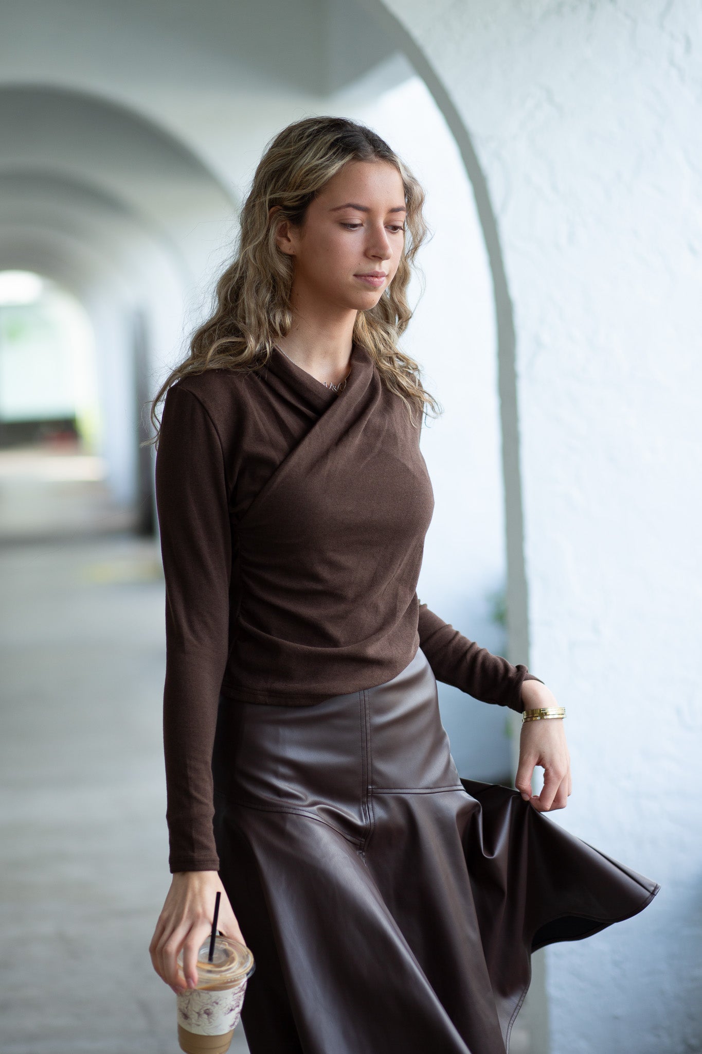 Drop Hem Leather Skirt- Chocolate