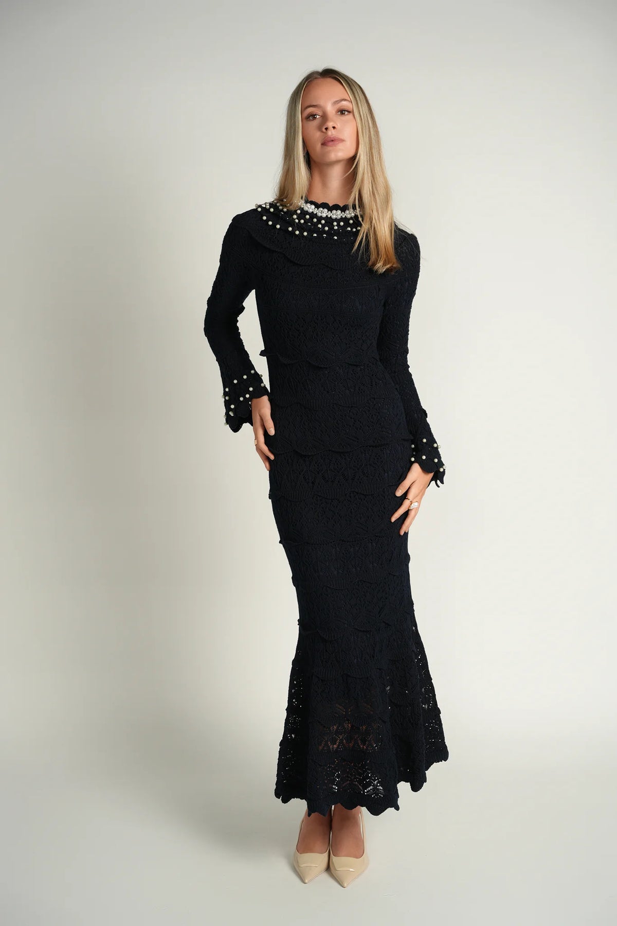 Pearl Knit Midi Dress- Navy L Pearl Knit Midi Dress- Navy L