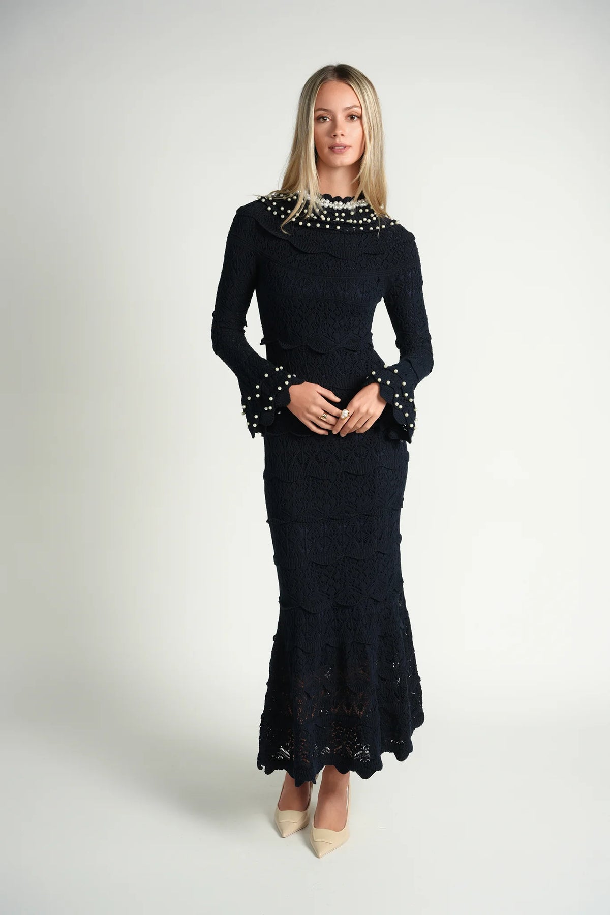 Pearl Knit Midi Dress- Navy L