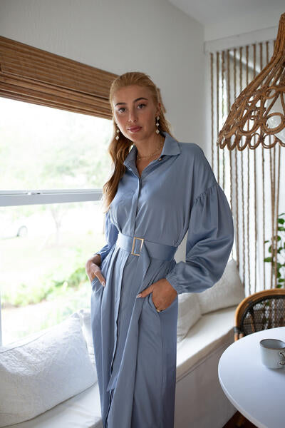 Satin Belted Shirtdress- Periwinkle