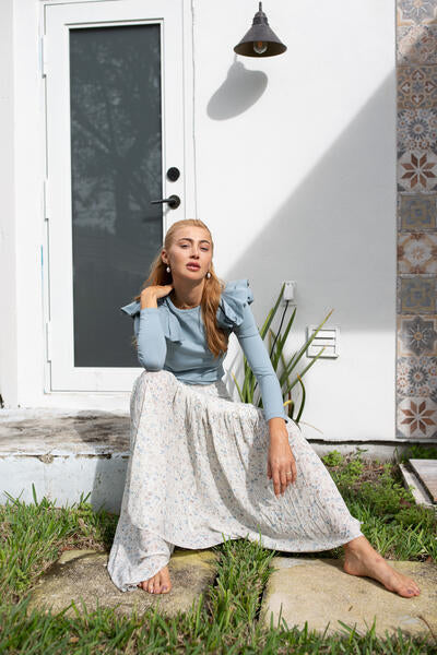 Ruffle Shoulder Tee- Powder Blue