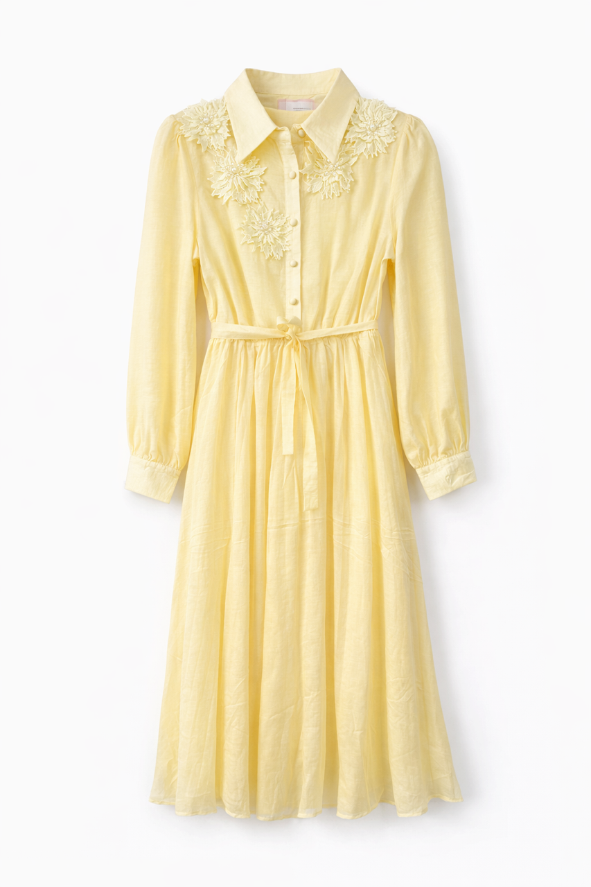 Yellow Button-down Dress with Flower Appliques