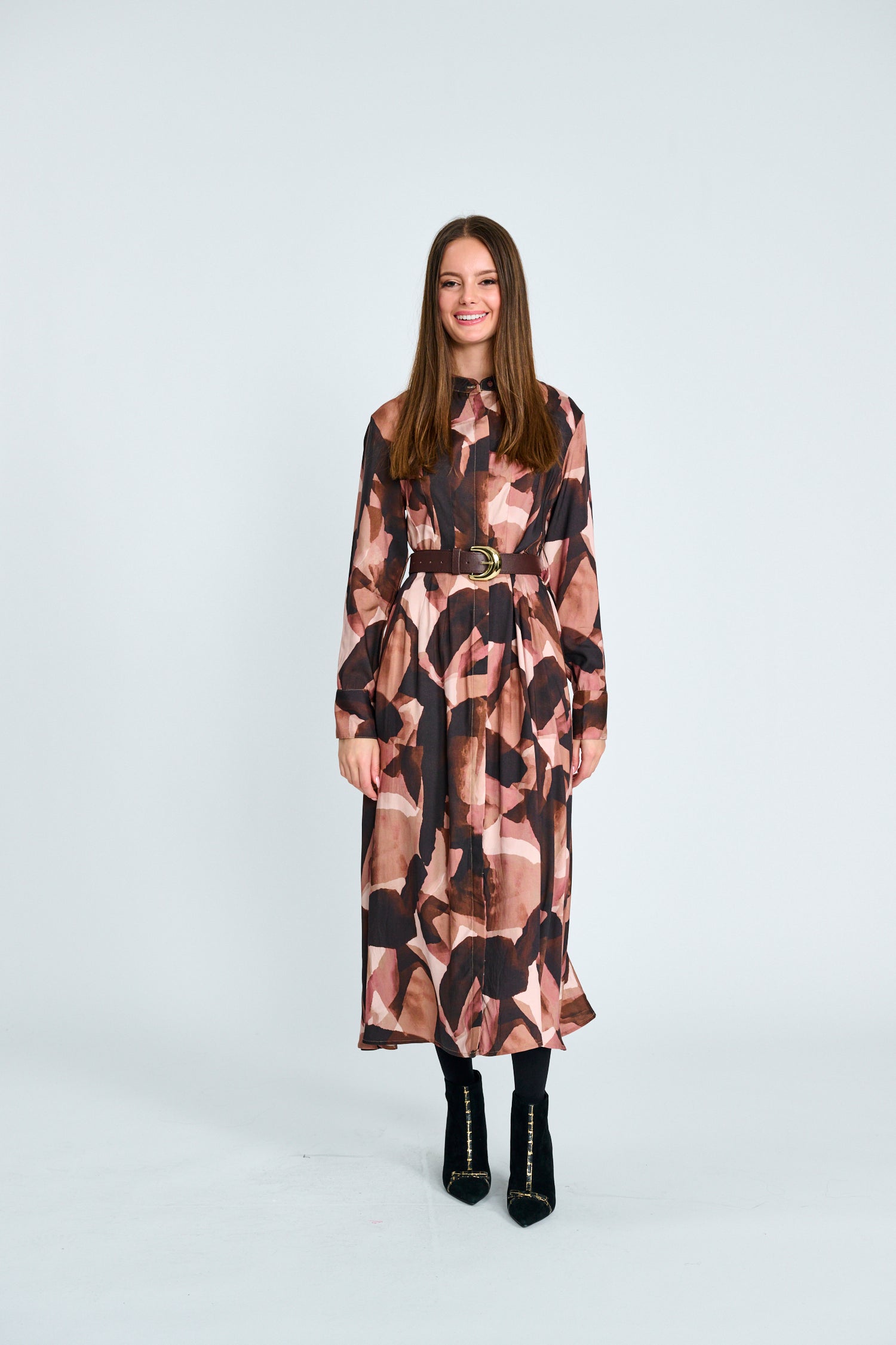 Button Down Belted Dress With Placket - Printed
