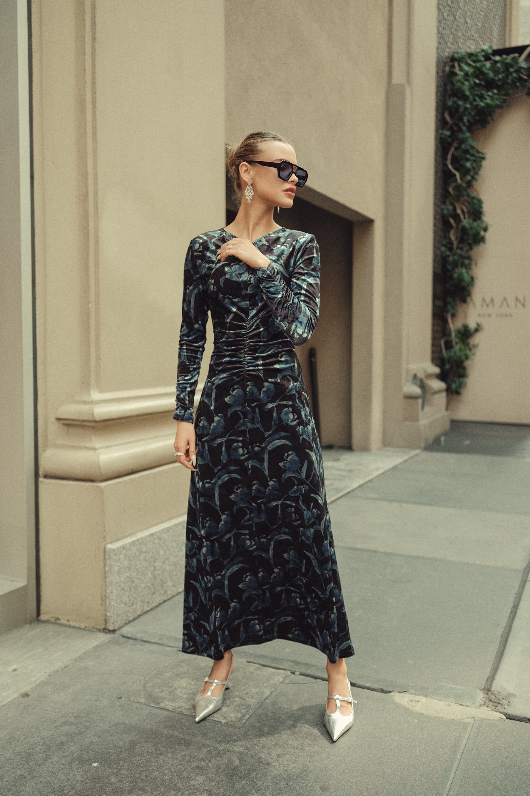 Flora Velvet Maxi- Navy Tulips on Black