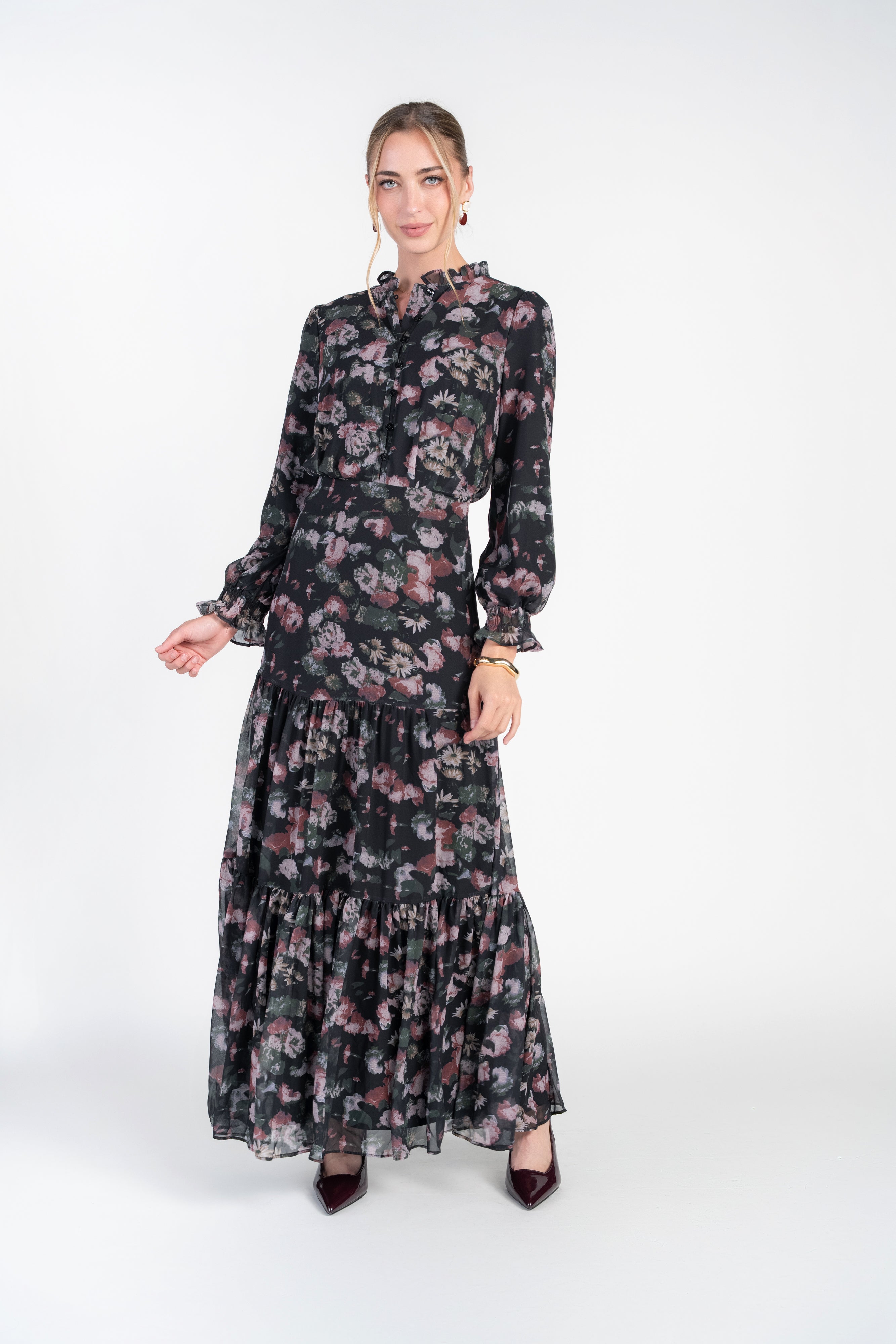 Zoe Maxi- Pink and Green Roses on Black