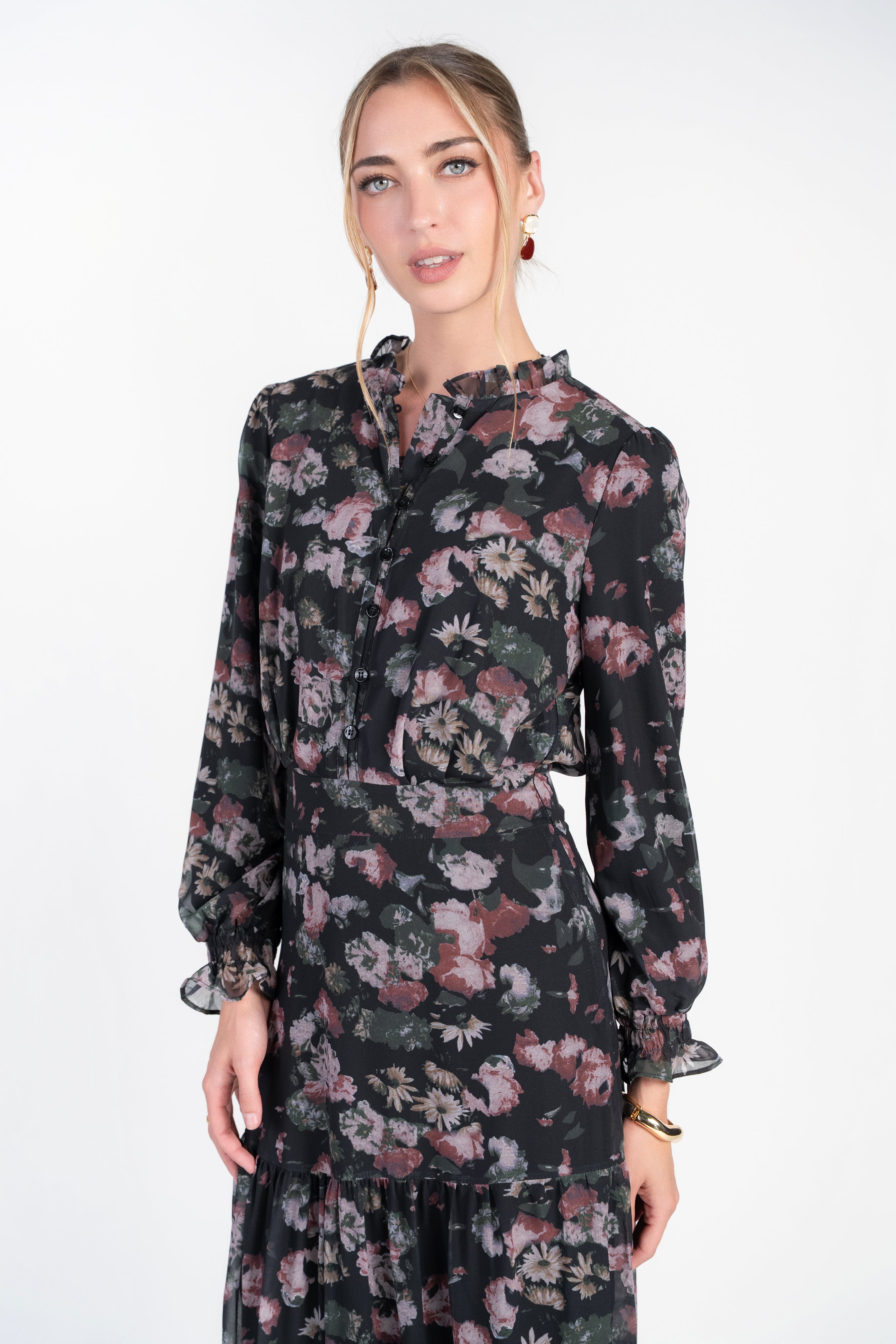 Zoe Maxi- Pink and Green Roses on Black