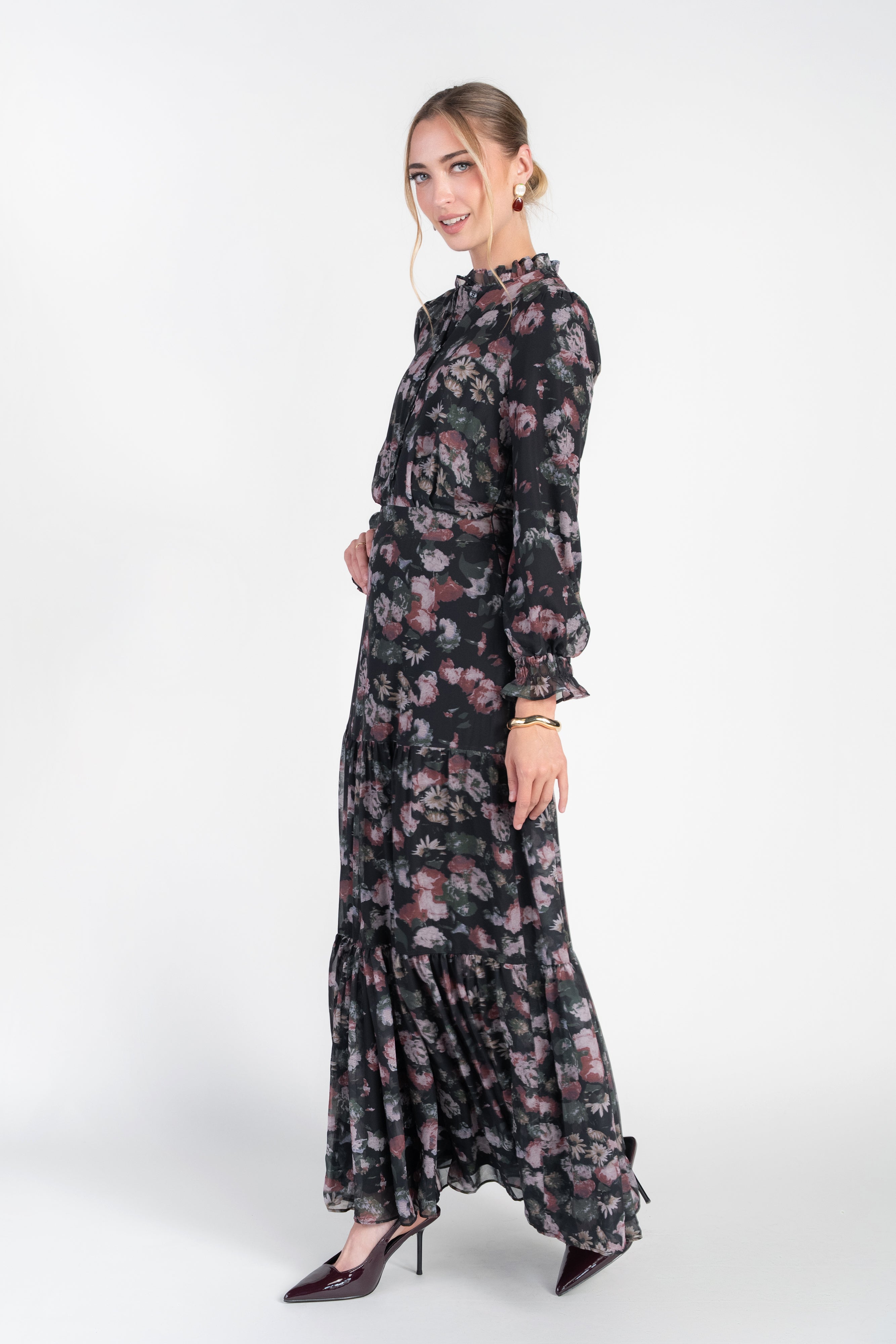 Zoe Maxi- Pink and Green Roses on Black
