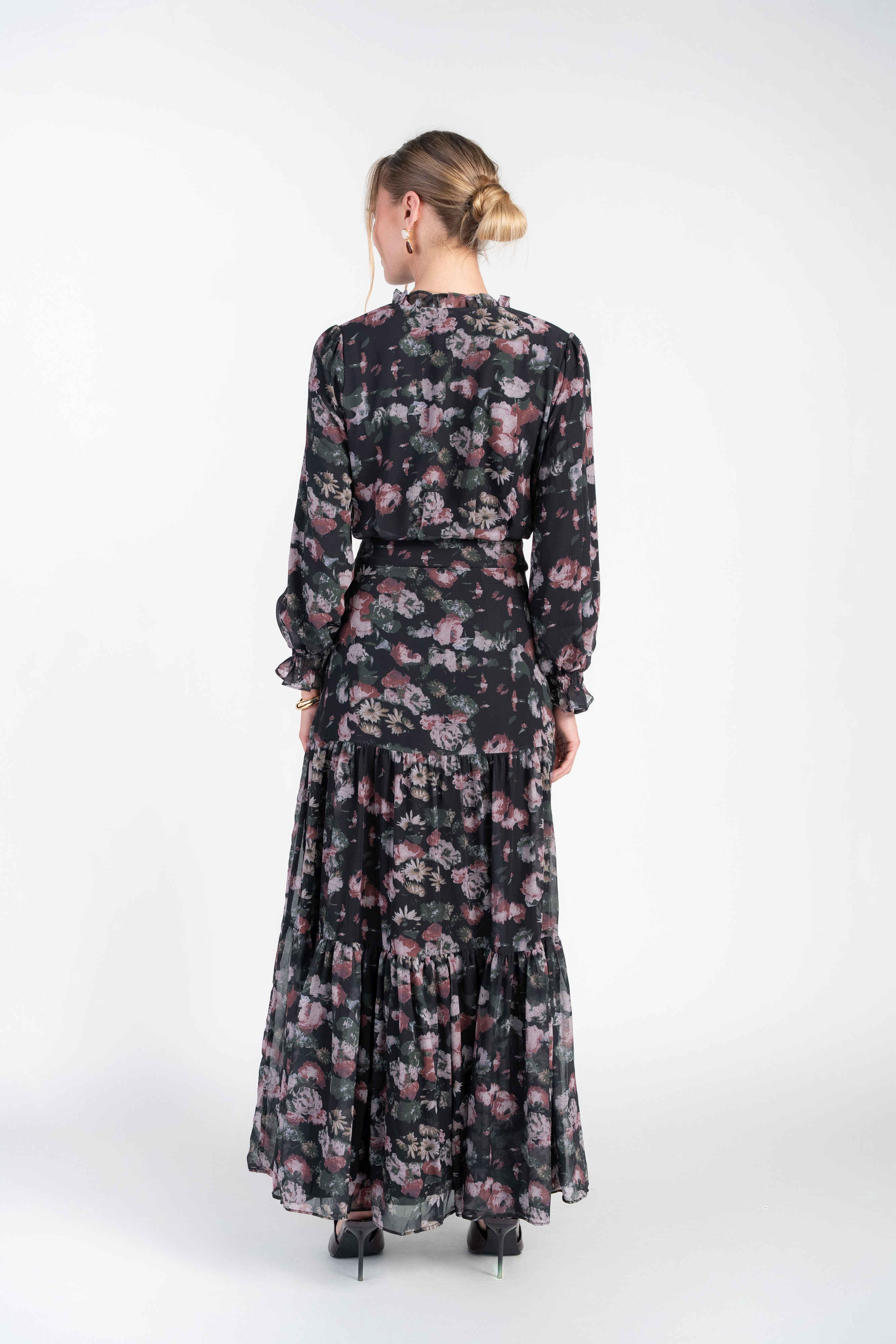 Zoe Maxi- Pink and Green Roses on Black