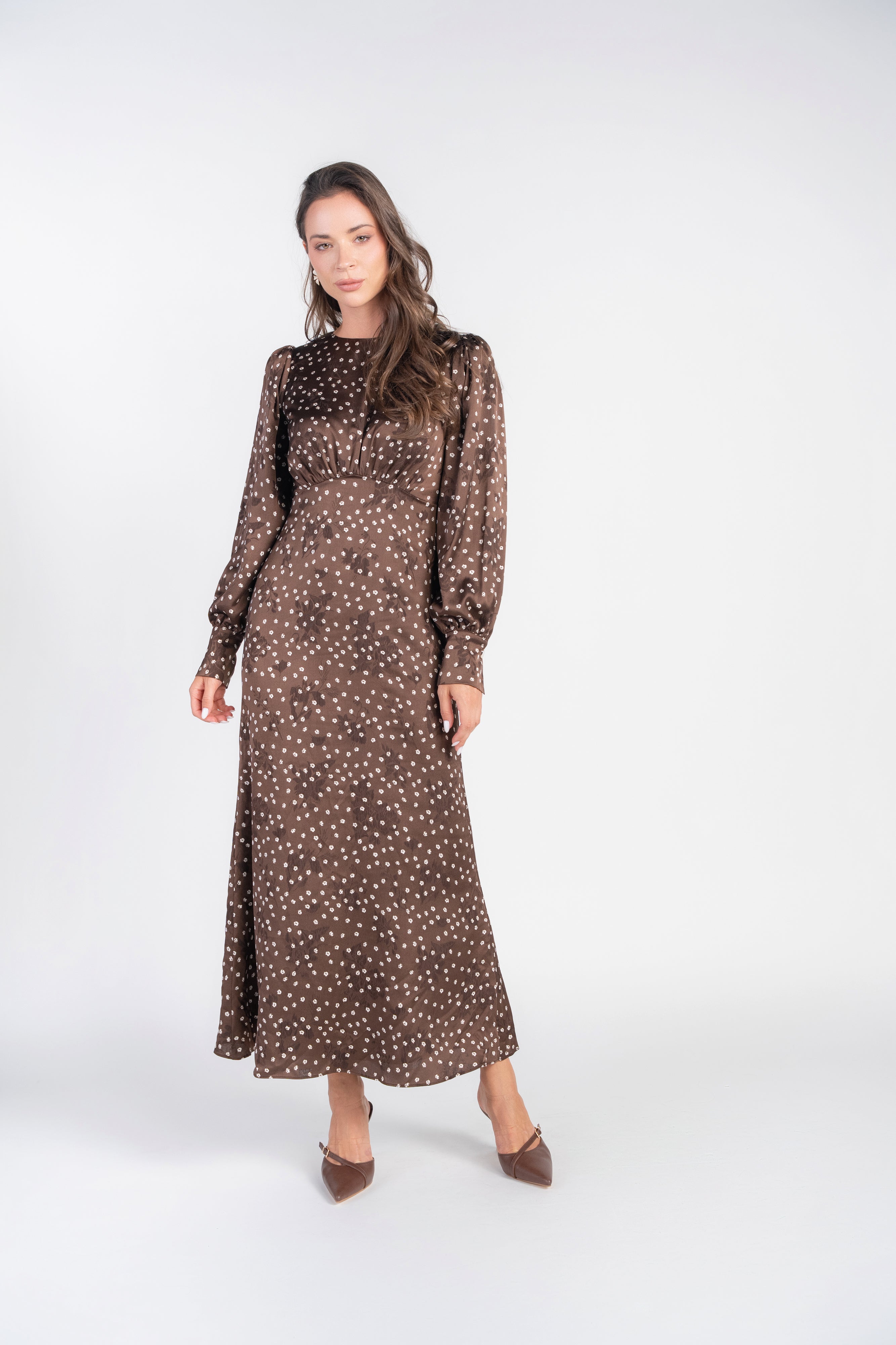 Marlo Dress Long Sleeves- Brown Polka Dot Flowers