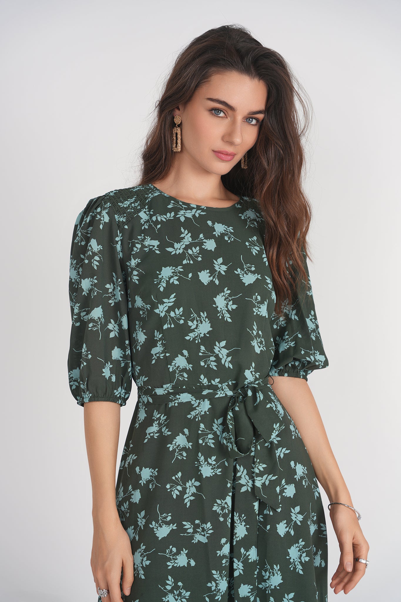 Smocked Shoulder Dress- Light Blue Florals on Green 1XL Smocked Shoulder Dress- Light Blue Florals on Green 1XL