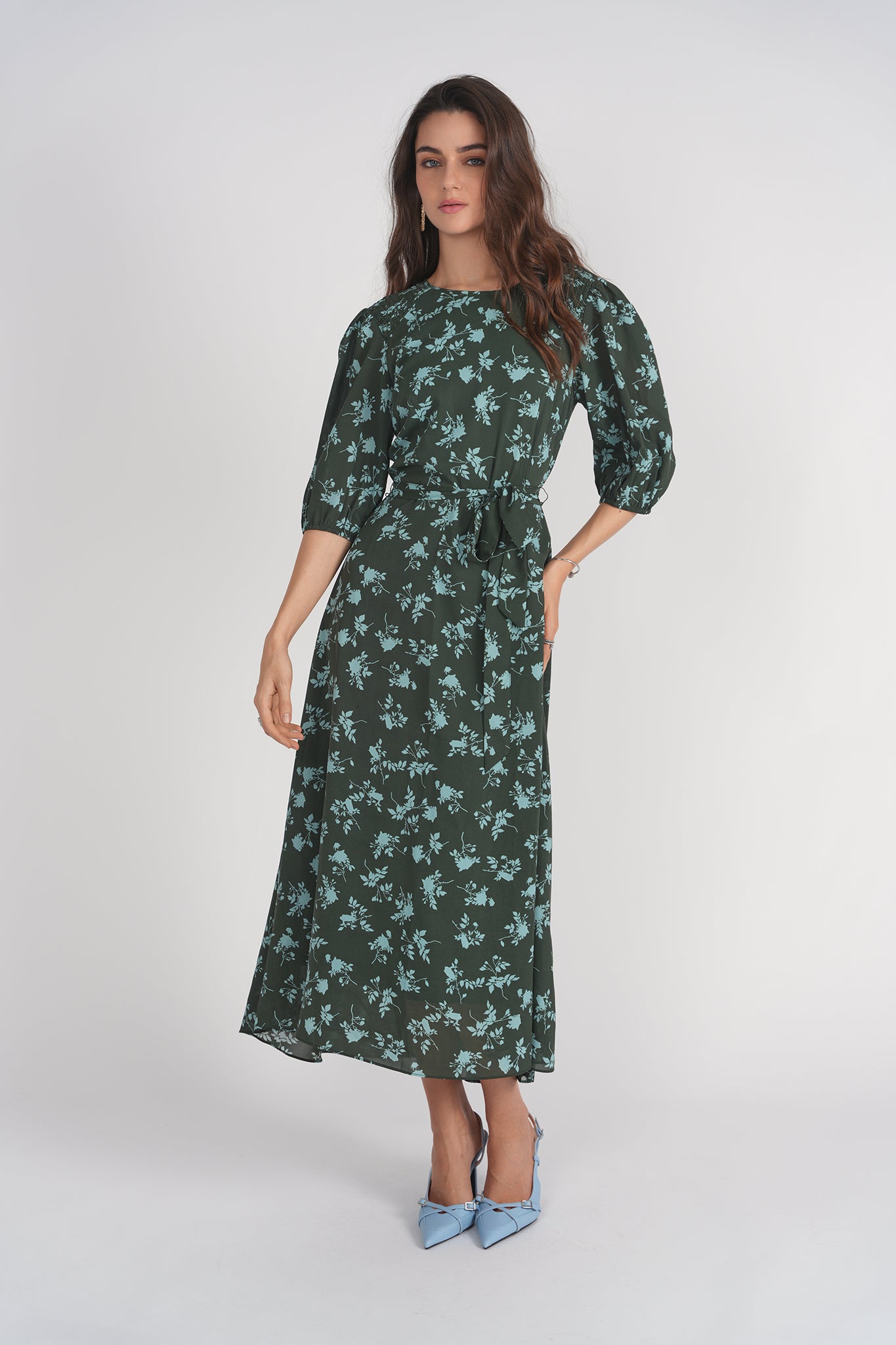 Smocked Shoulder Dress- Light Blue Florals on Green 1XL Smocked Shoulder Dress- Light Blue Florals on Green 1XL