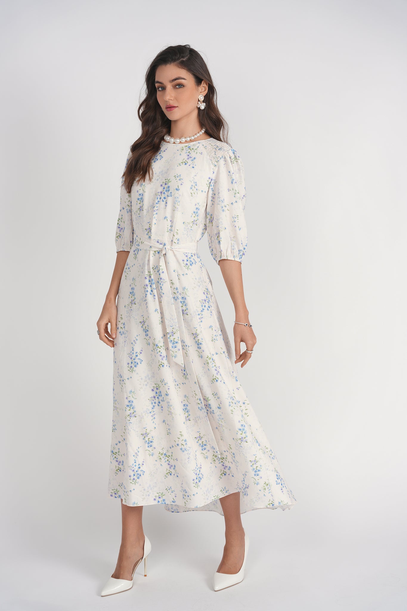 Smocked Shoulder Dress- White Floral | Adina Las Vegas Smocked Shoulder Dress- White Floral | Adina Las Vegas