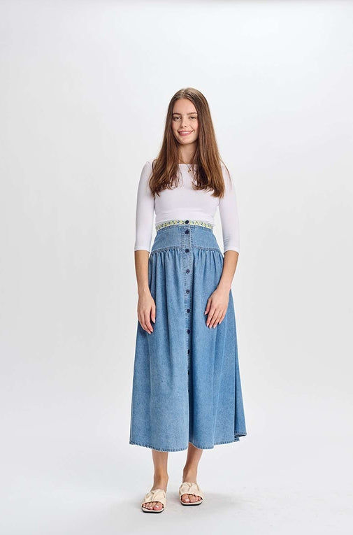 334656 Button Down Denim Skirt with Floral Waistband