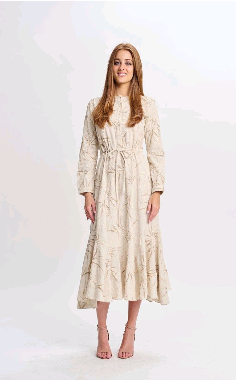 334734 Natural Linen with Beige Tan Embroidered Floral Design Dress