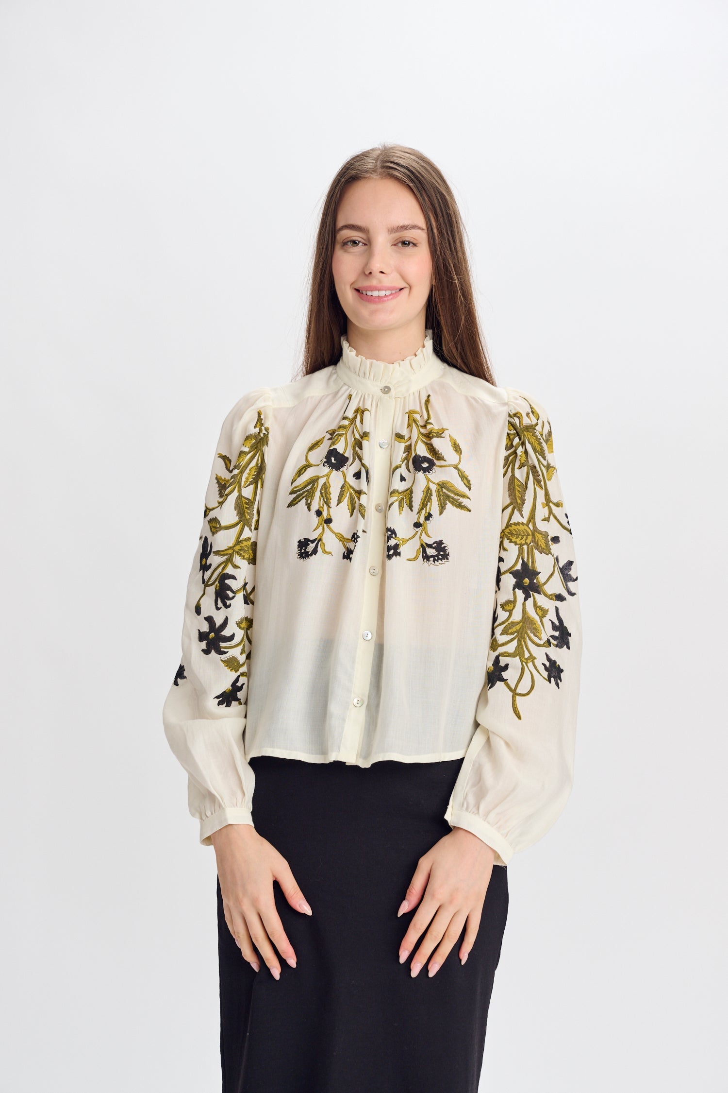334961 Cream Linen with Olive Black Floral Print Top