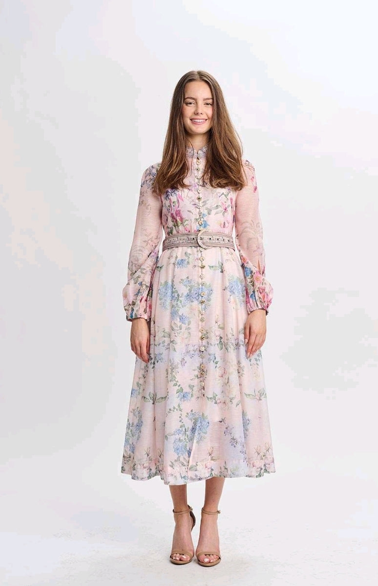 335012 Baby Pink with Pastel Color Flower Print Linen Dress