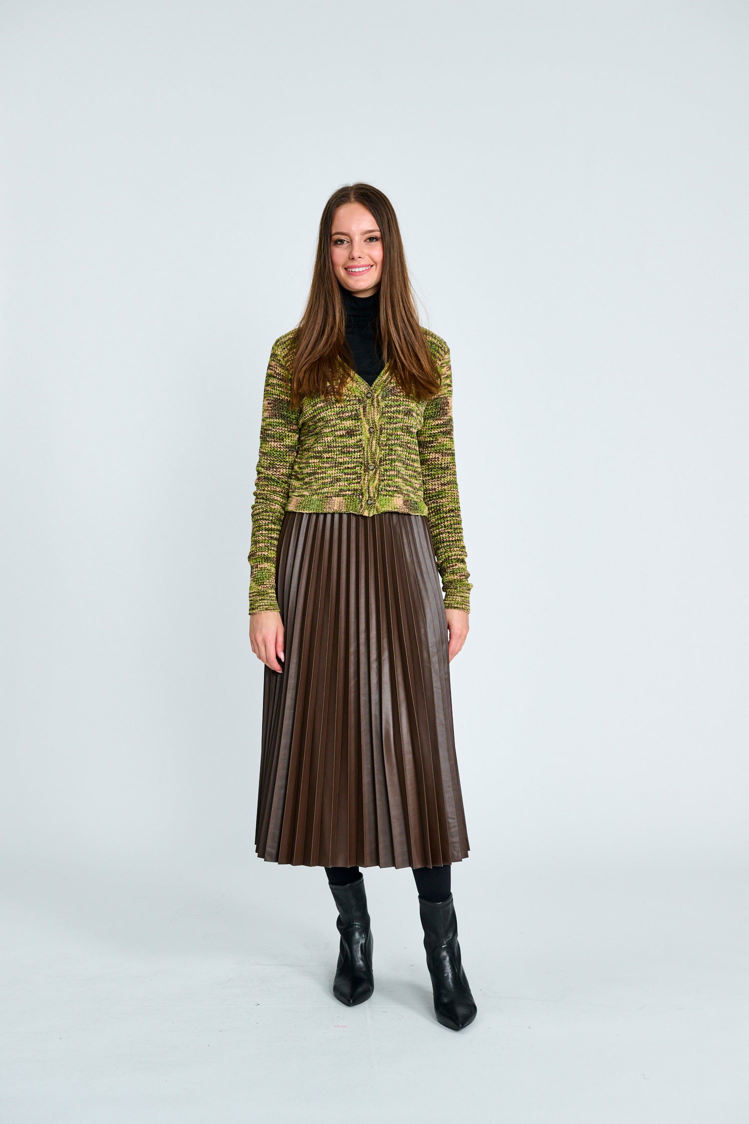 Brown Leather Pleated Skirt - Brown