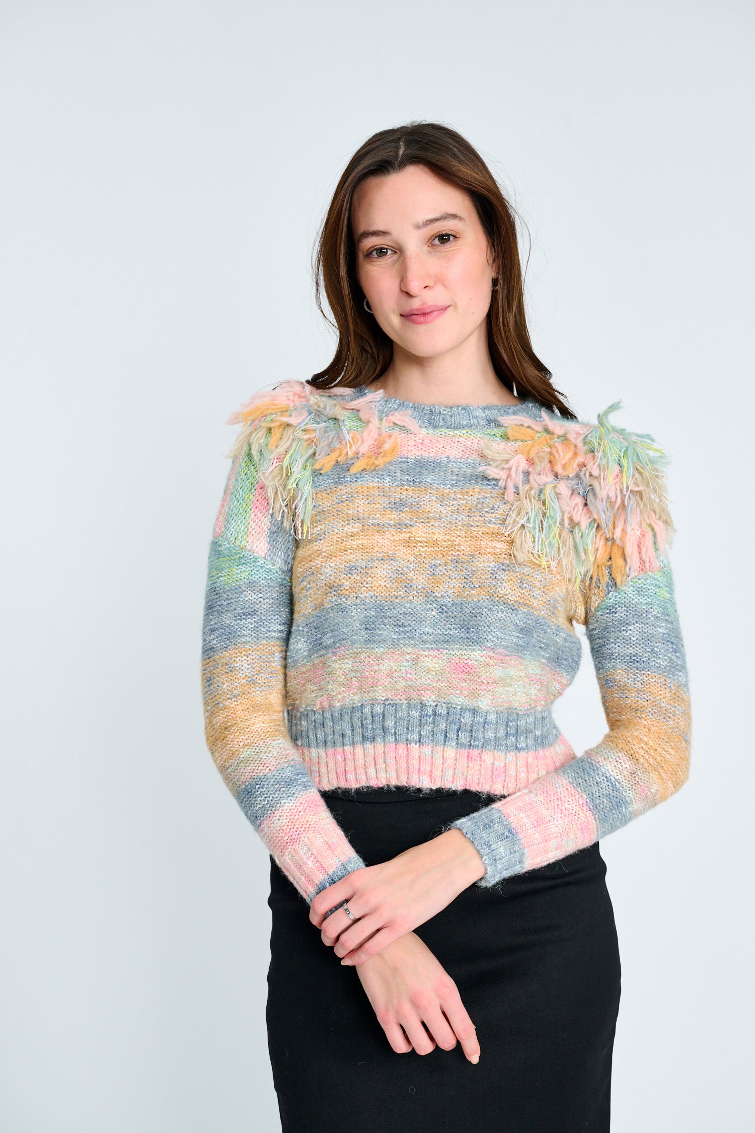 Pastel Knit Top with Fringed Shoulder Trim