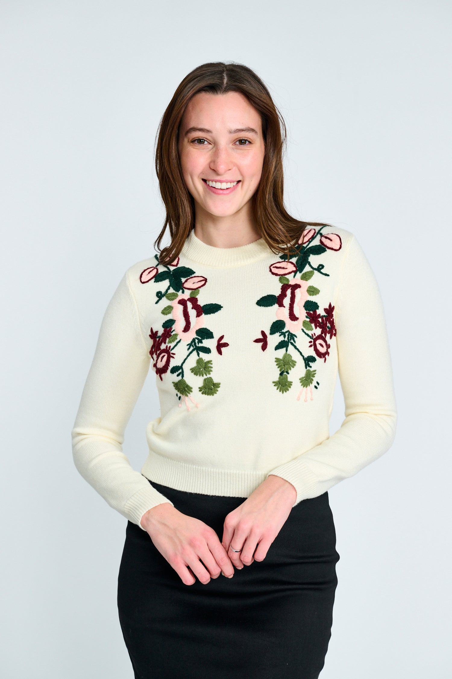 Creme Knit Top With Embroidered Floral Trim - Creme