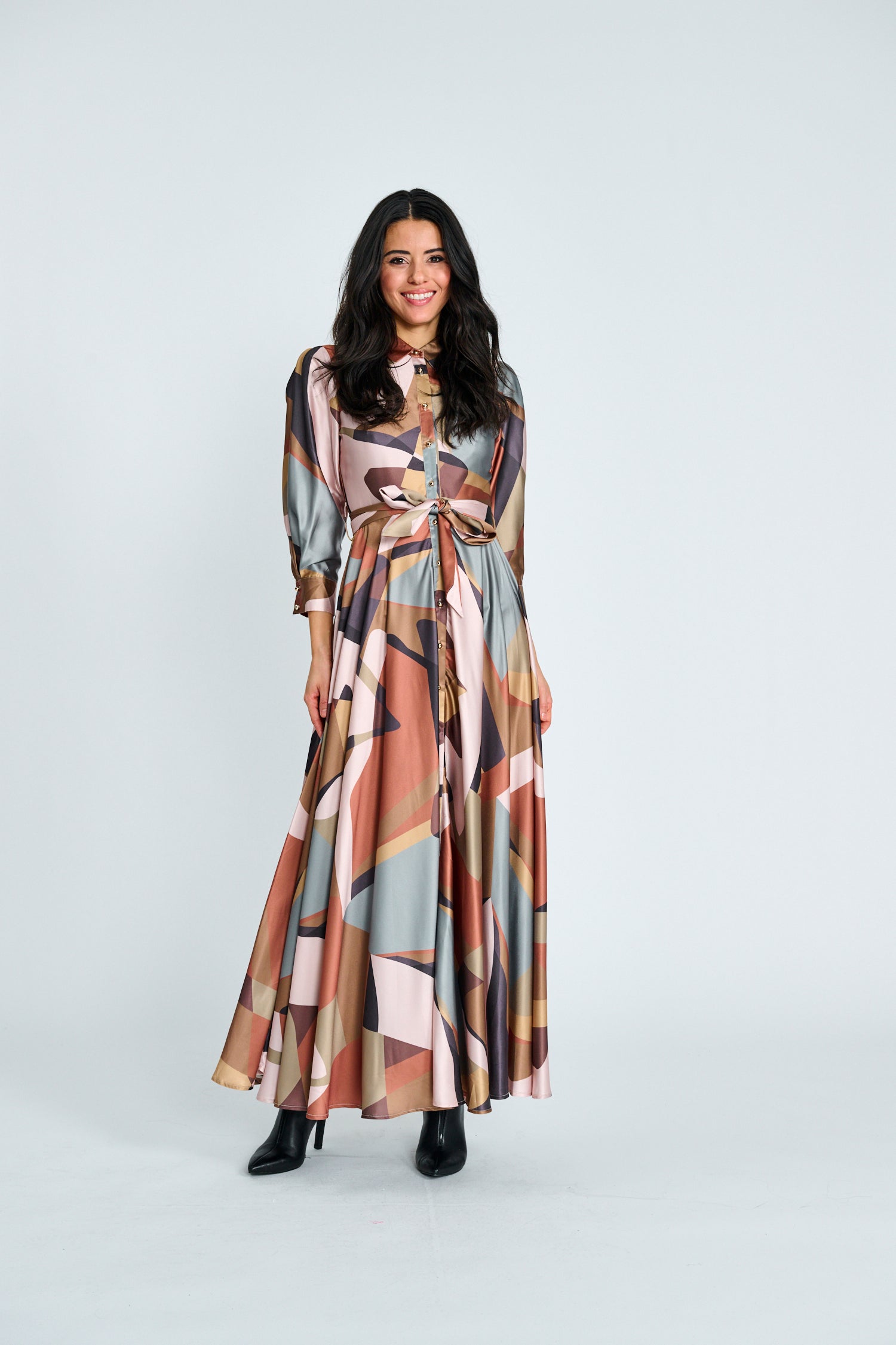 Button Down Printed Belted Dress - Printed