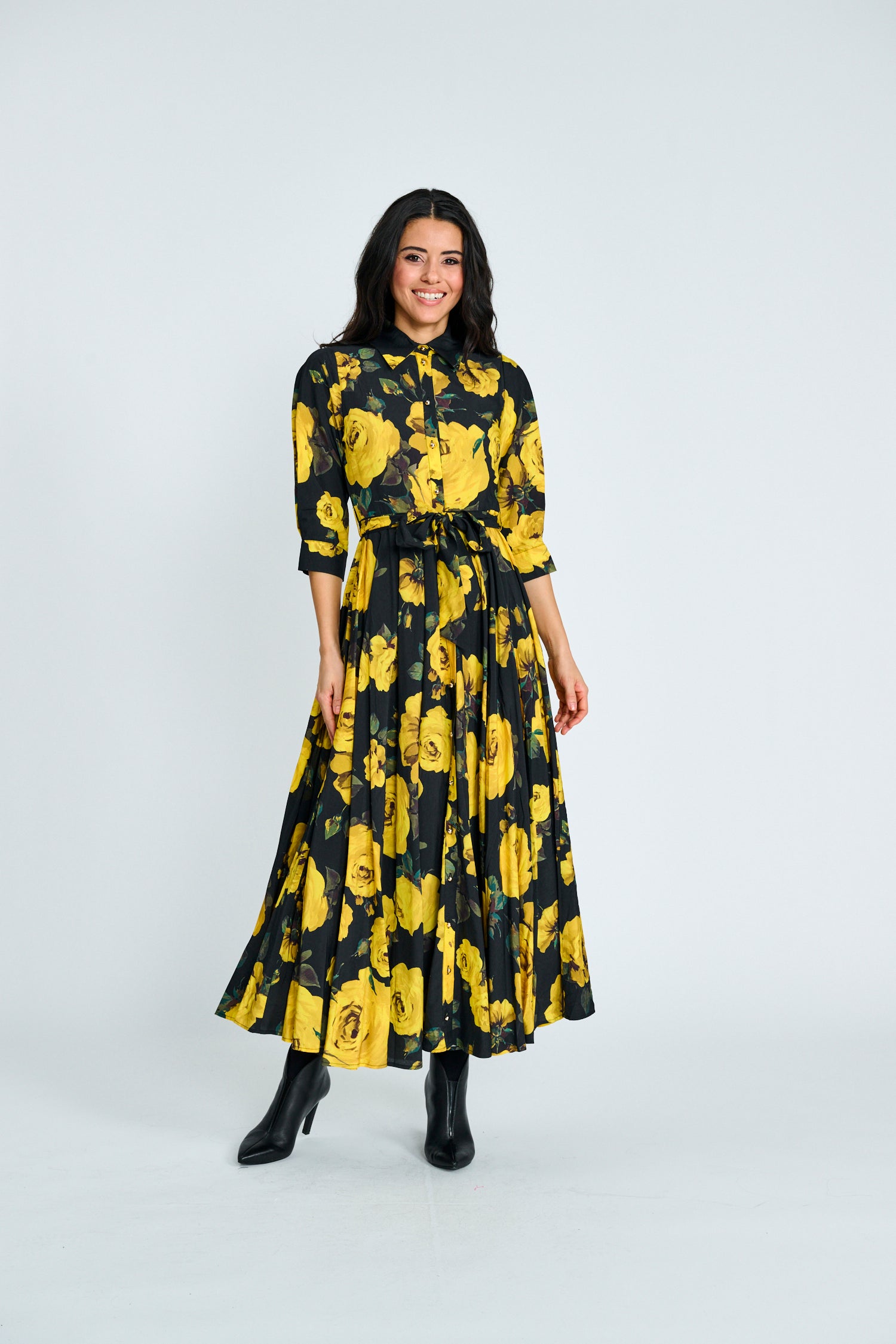 Yellow Floral Button Down Belted Dress - Yellow Floral