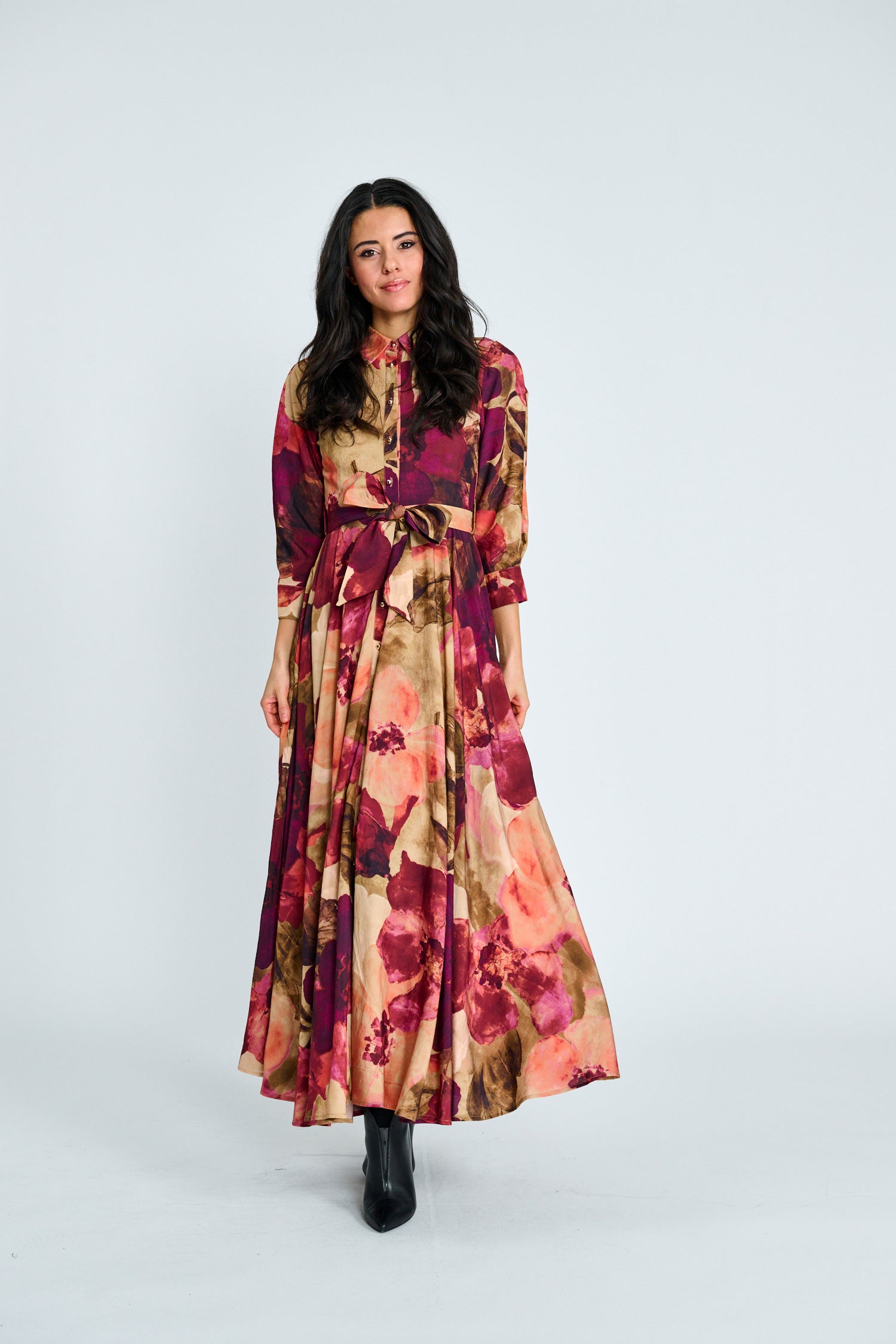 Floral Printed Button Down Belted Dress - Floral