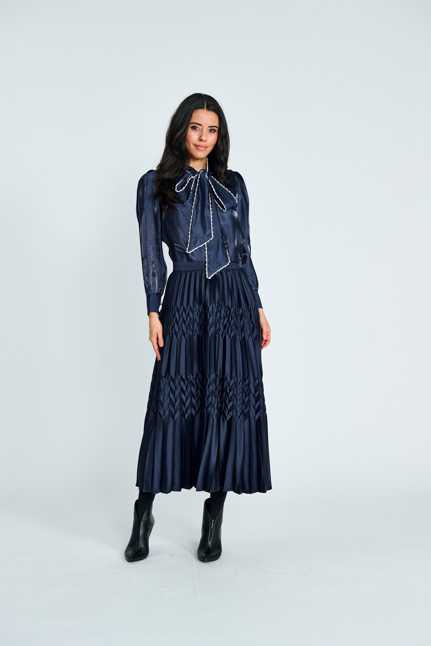 Navy Satin Pleated Skirt - Navy