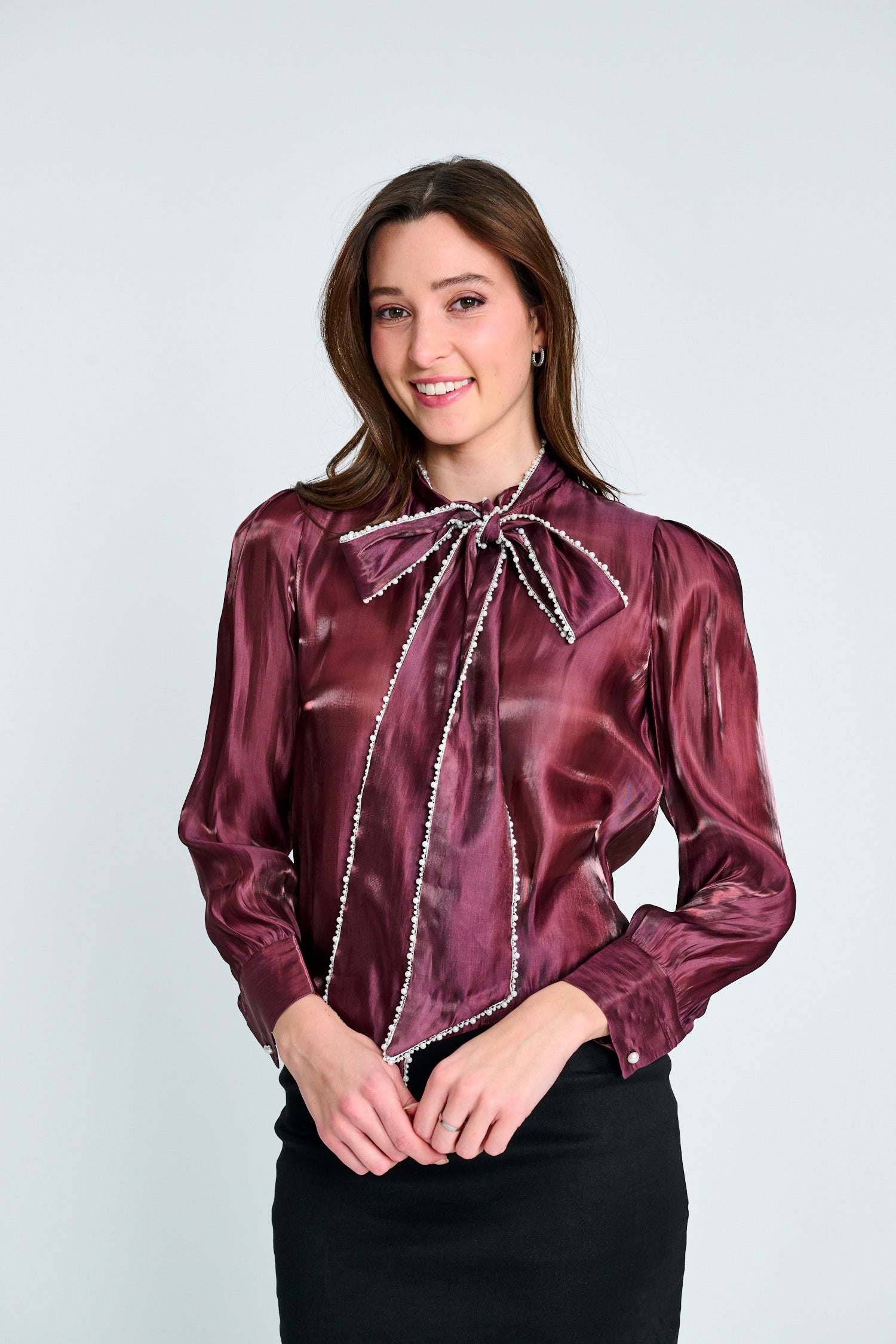 Satin Wine Blouse Pearl Tie - Wine
