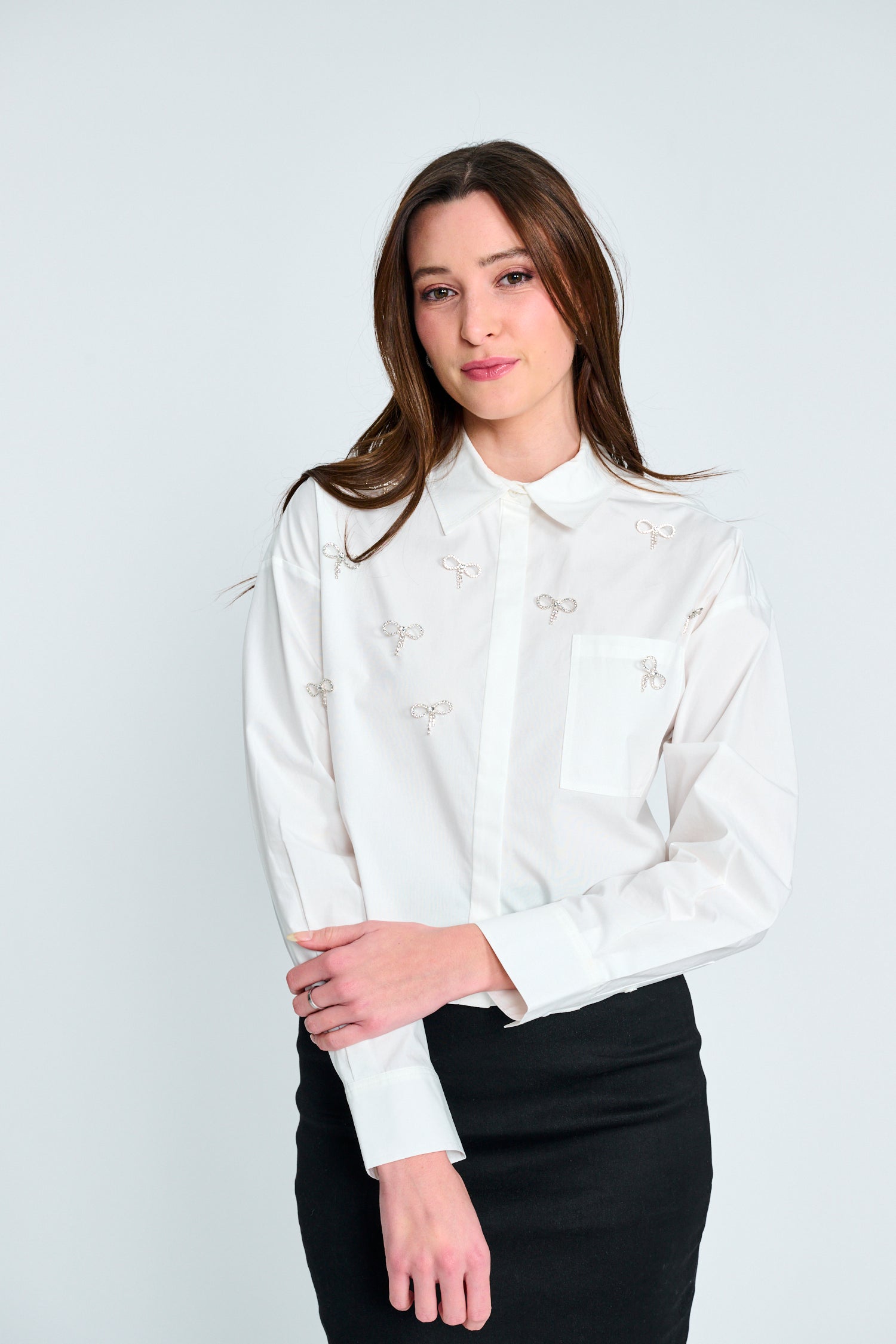 White Button-Down Shirt Diamond Bow - White