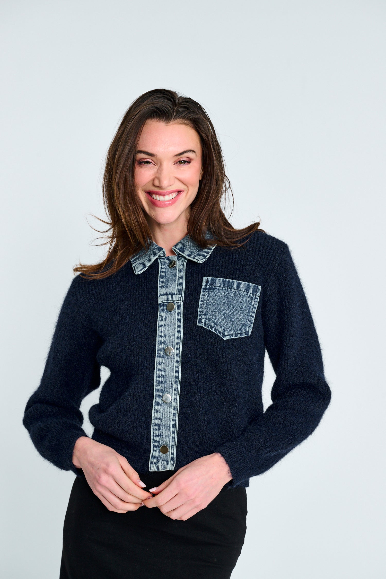Button Down Navy Knit Denim - Navy