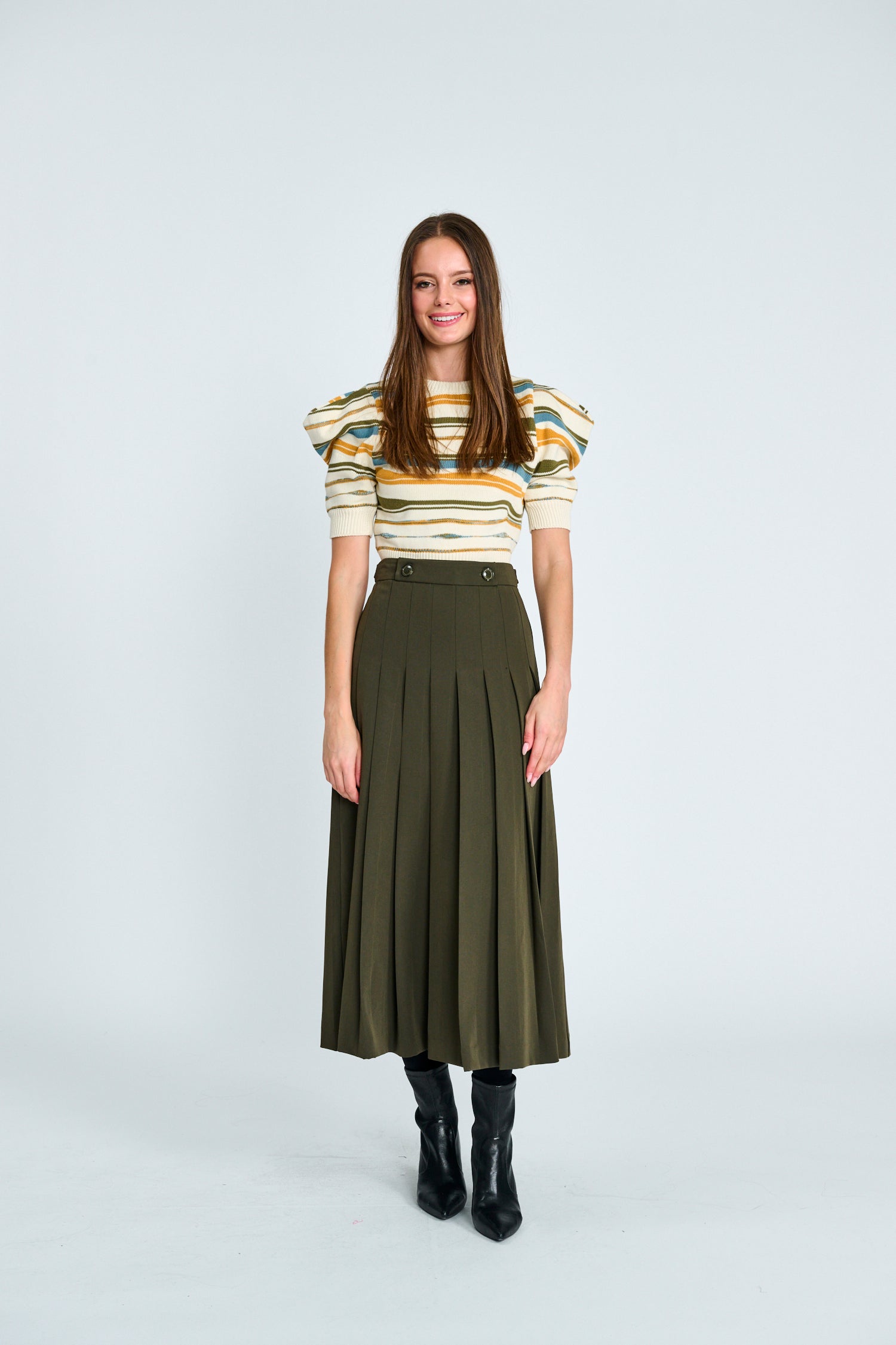 Olive Pleated Skirt Buttons - Olive
