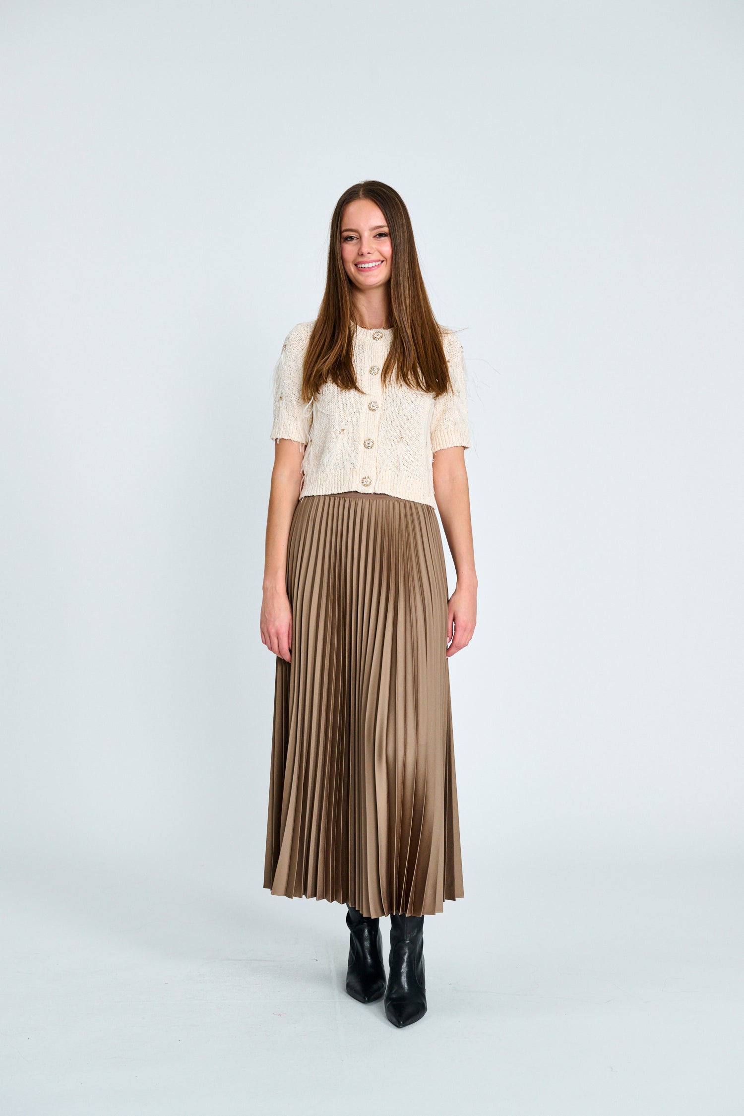 Satin Camel Pleated Skirt - Camel