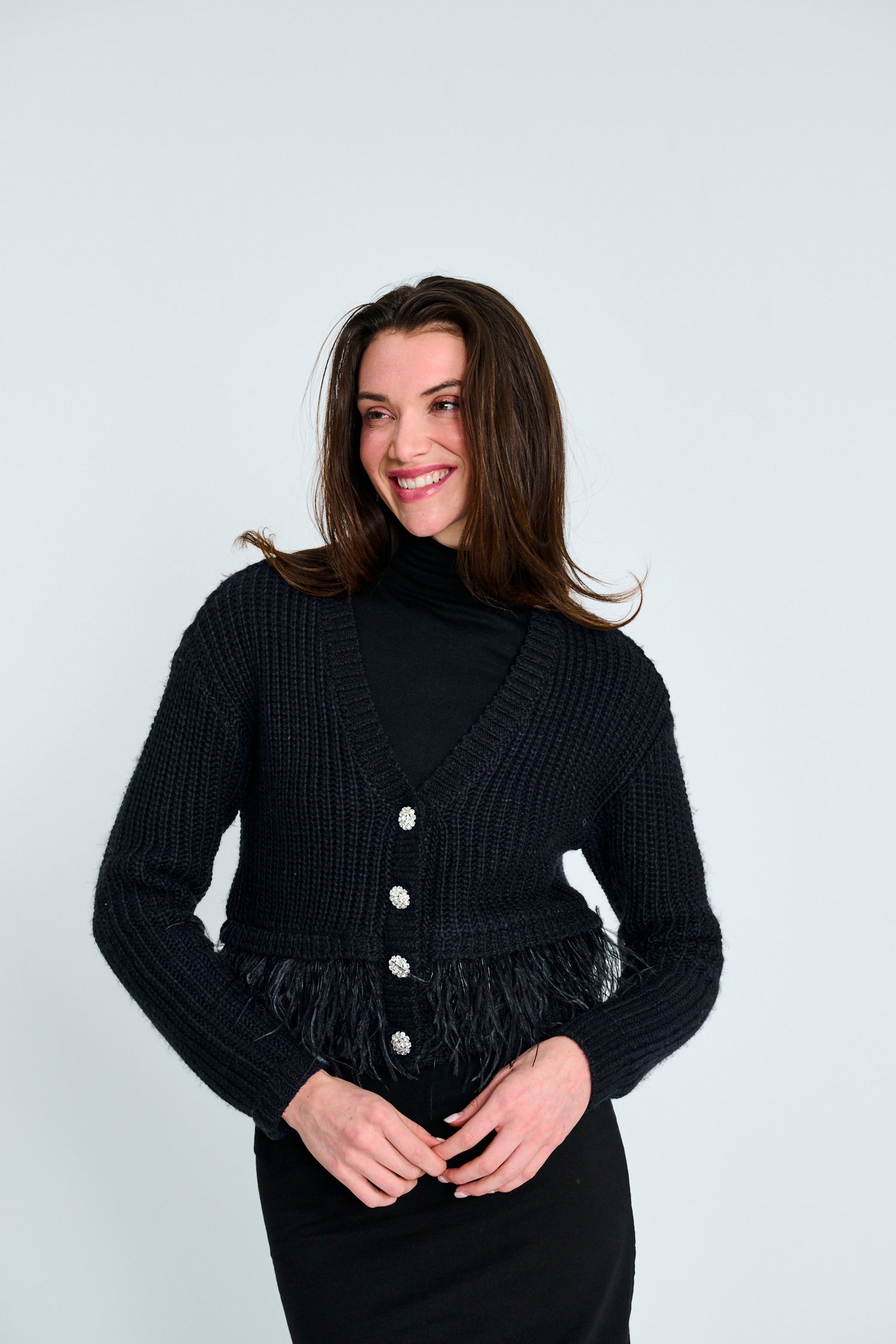 Navy Knit Cardigan with Feathered Border & Rhinestone Buttons
