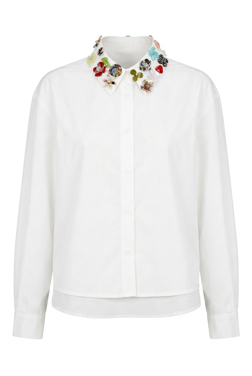 Cotton Button Down Top with Colorful Flower Trim