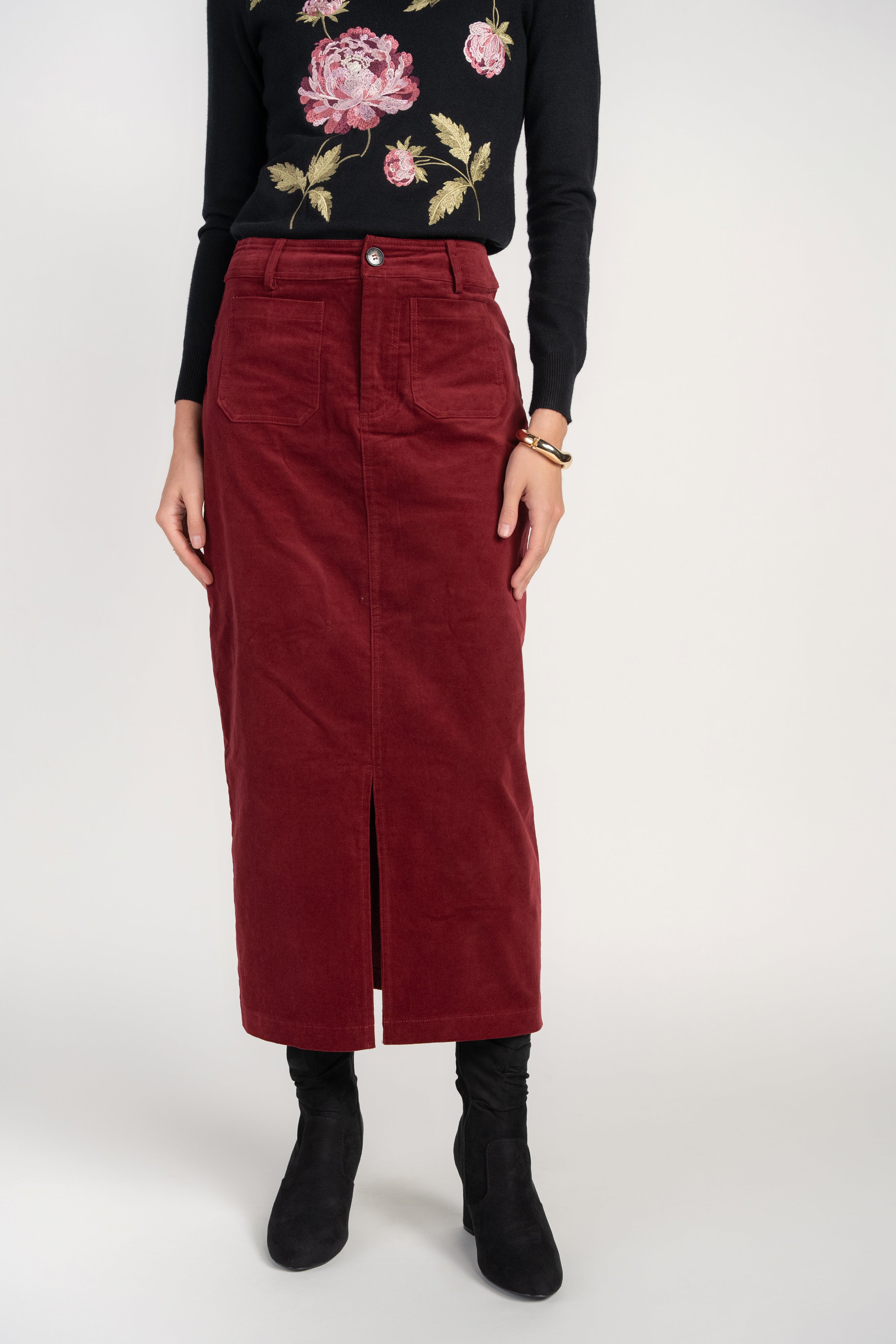 Pocket Midi Skirt- Cherry Lacquer Corduroy