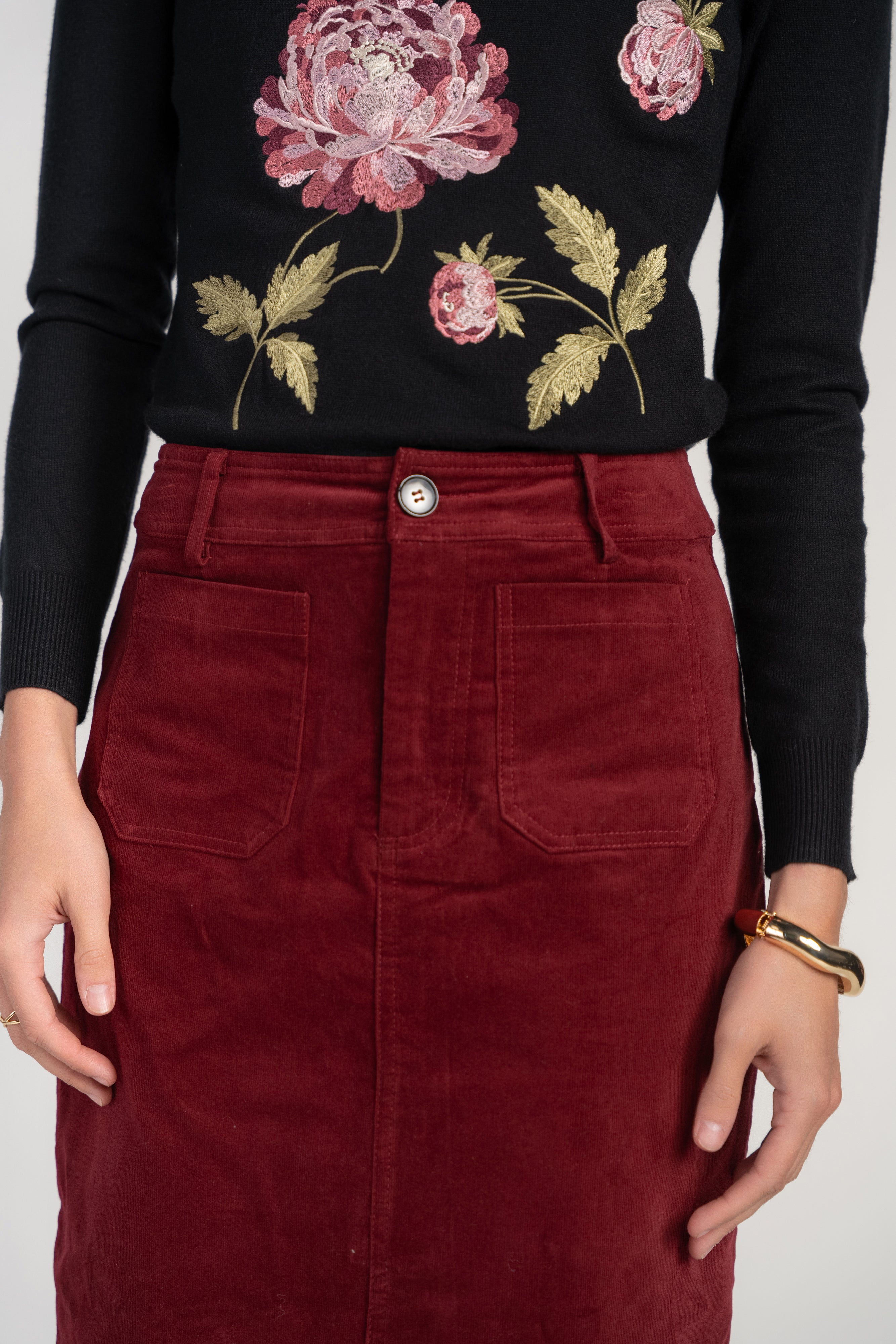 Pocket Midi Skirt- Cherry Lacquer Corduroy