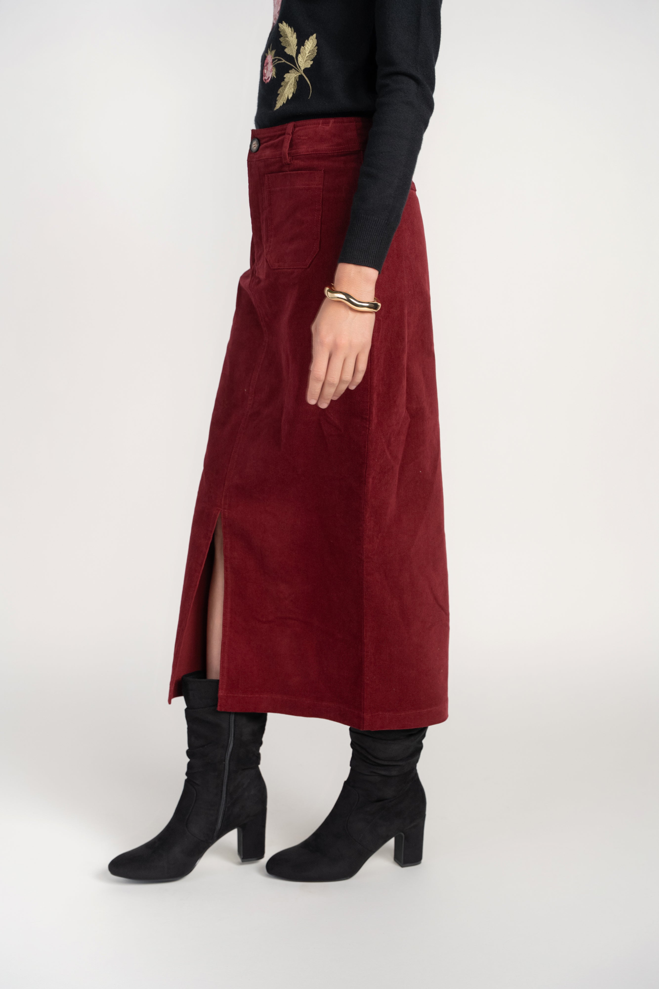 Pocket Midi Skirt- Cherry Lacquer Corduroy