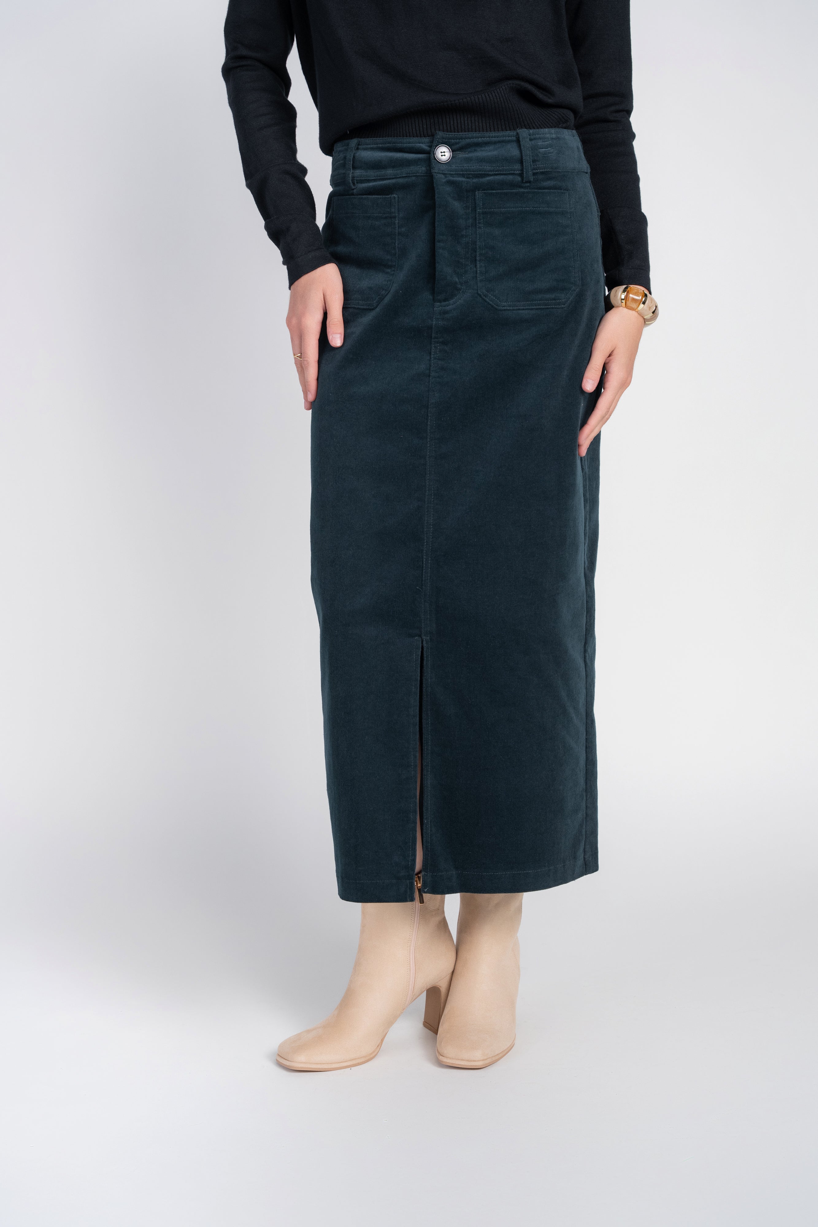 Pocket Midi Skirt- Teal Corduroy